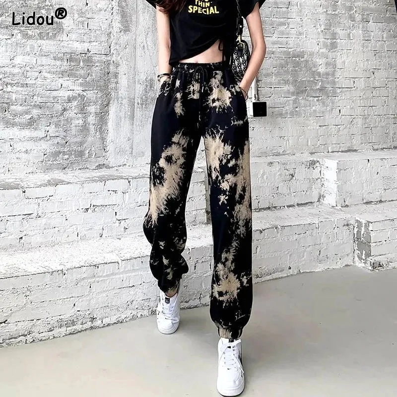 2025 New Women's Clothing Printing Loose Elastic Waist Lacing Comfortable Spring Summer Thin Straight Pockets Casual Harem Pants