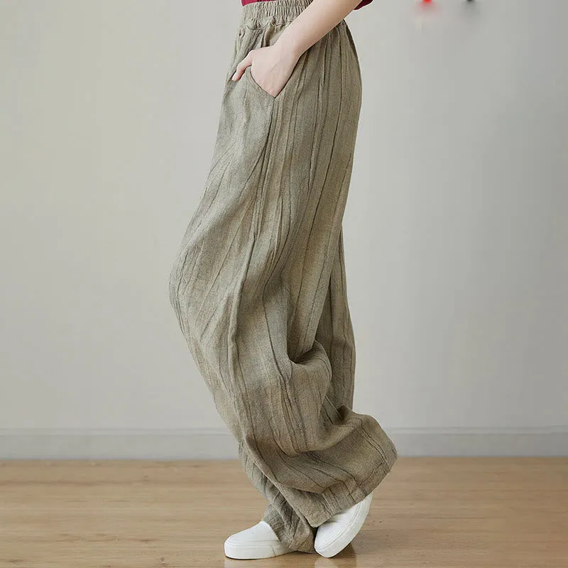 Buddha Stones Casual Plain Loose Tie-Dye Distressed Women's Ramie Pants With Pockets
