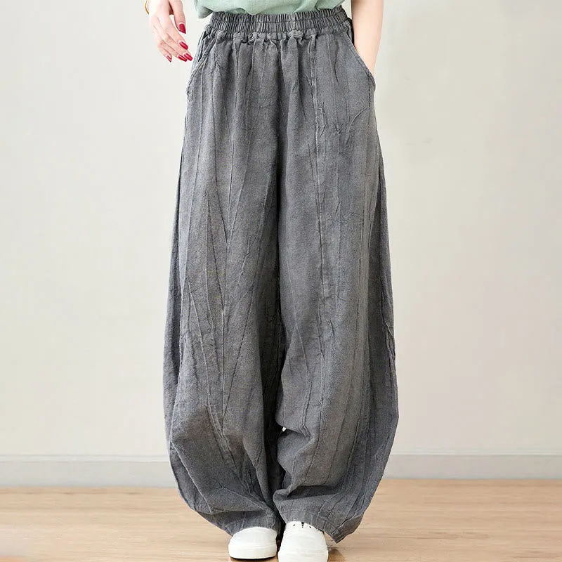 Buddha Stones Casual Plain Loose Tie-Dye Distressed Women's Ramie Pants With Pockets