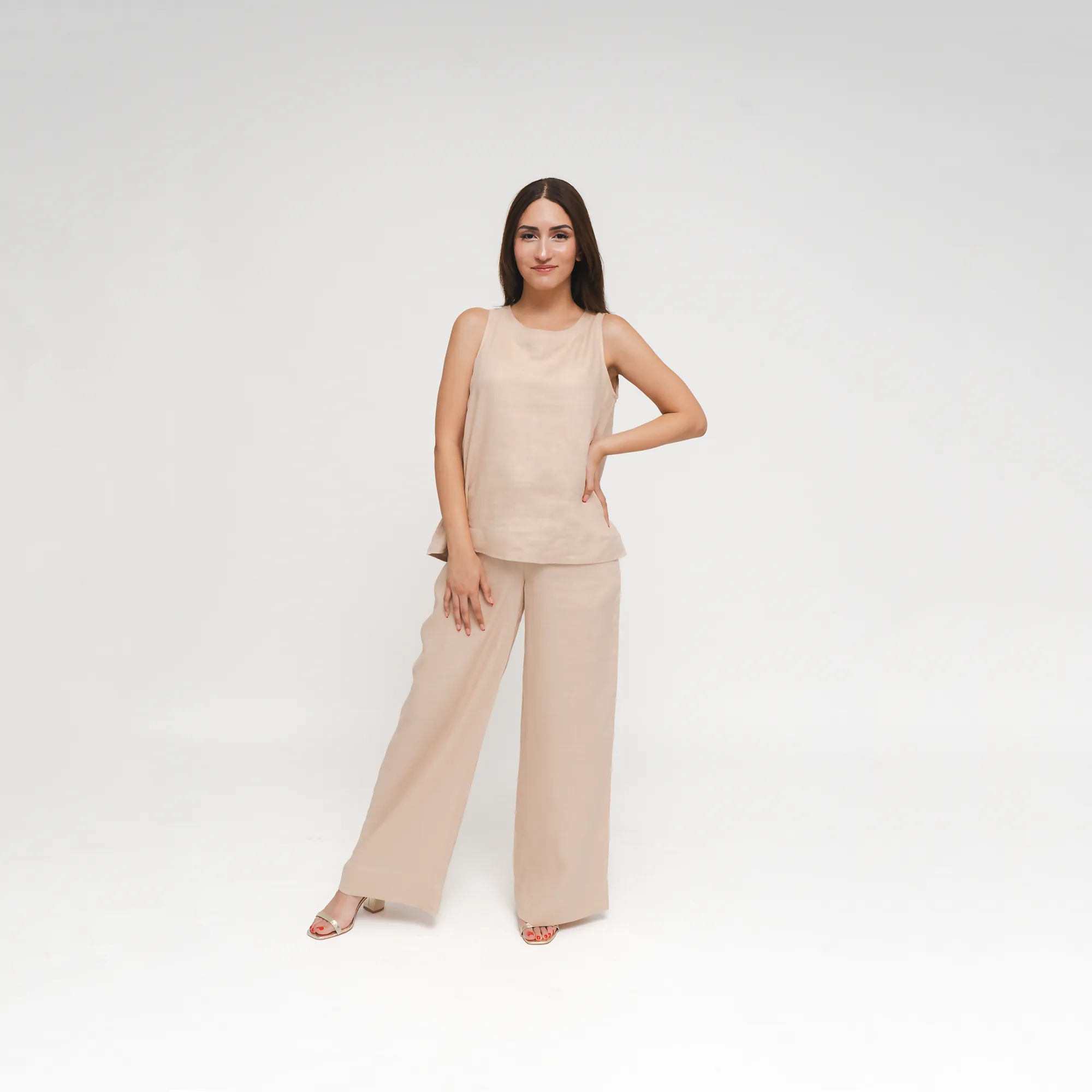 Cleo, Italian Linen wide legged Pants in Beige