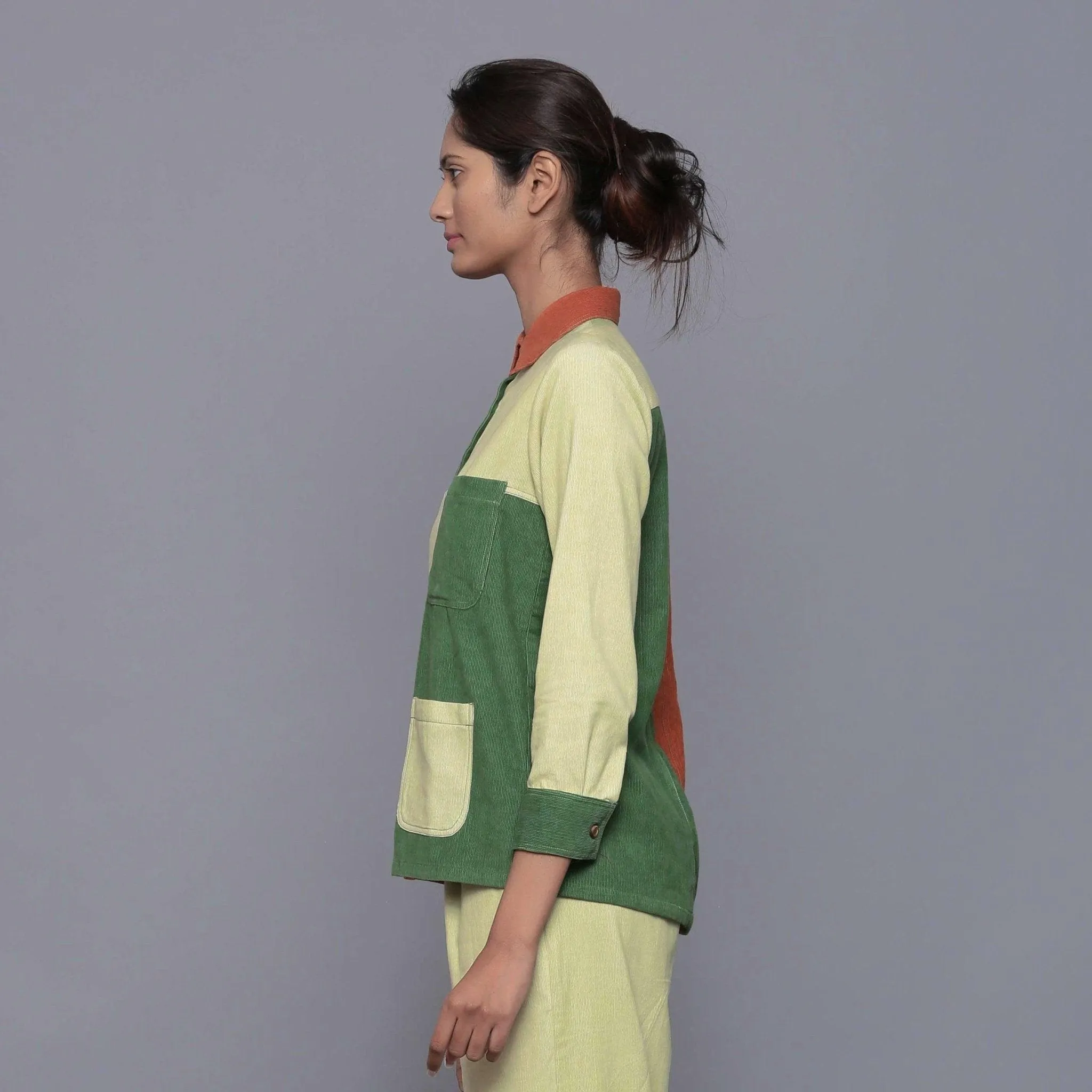 Color-Blocked Warm Cotton Corduroy Paneled Shirt