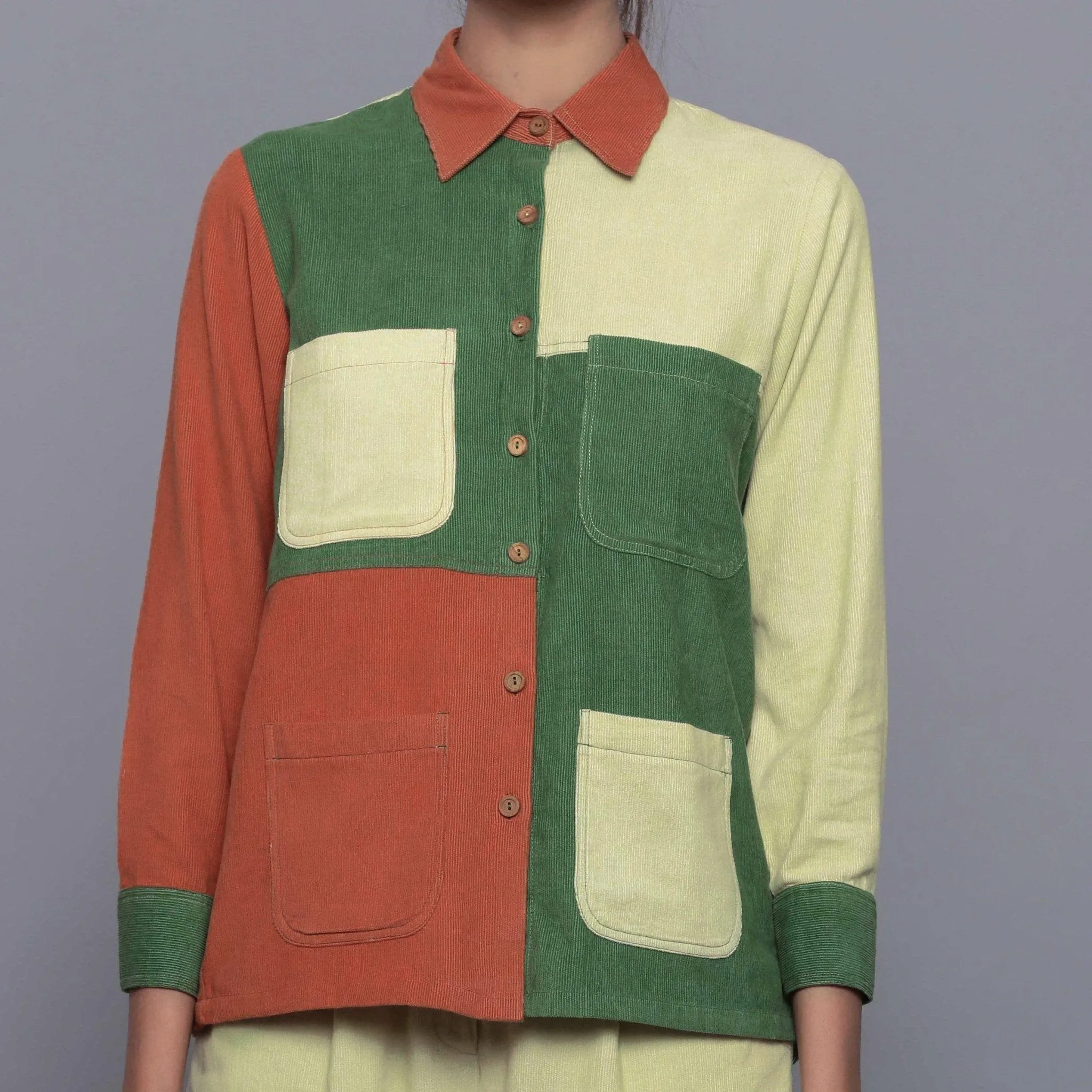 Color-Blocked Warm Cotton Corduroy Paneled Shirt