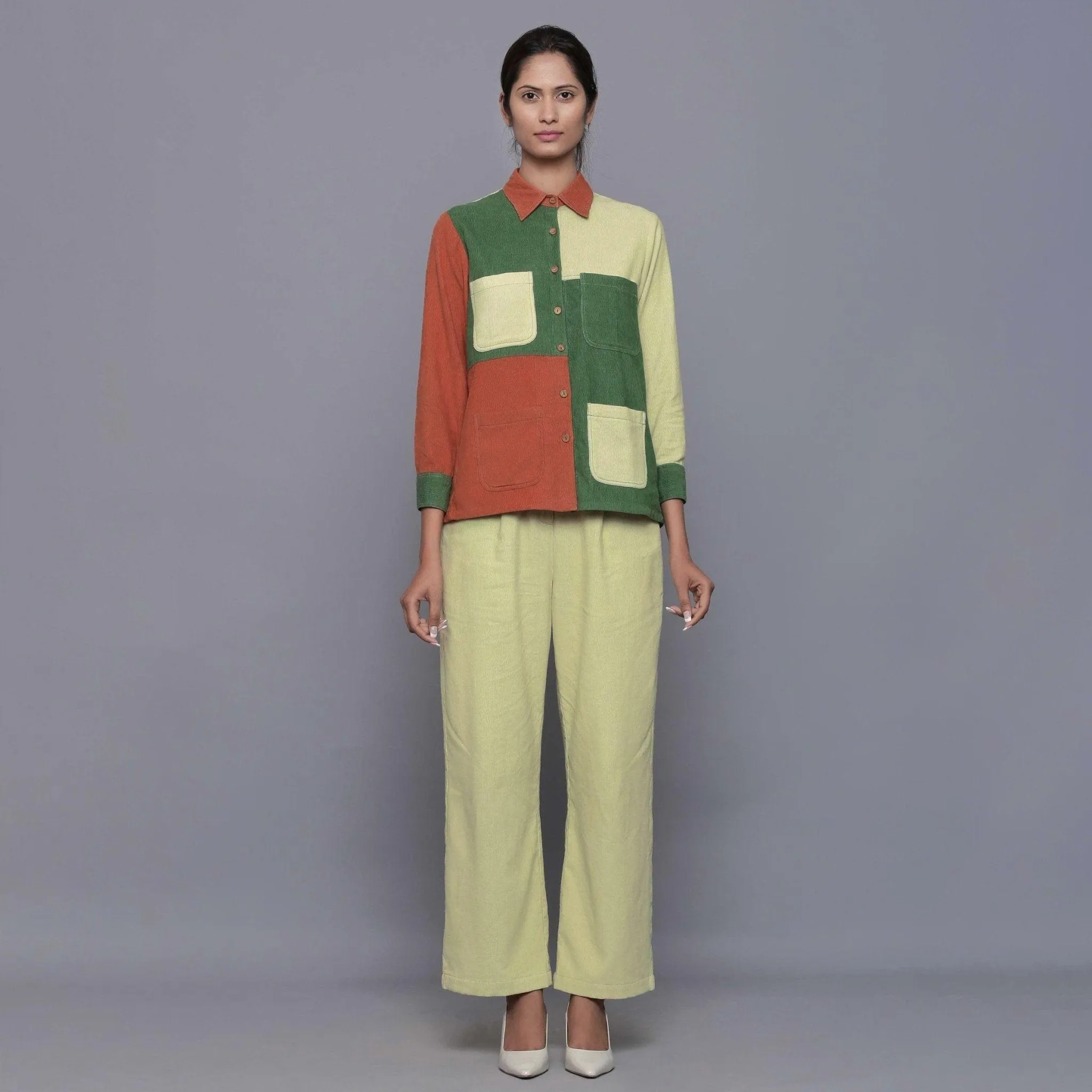 Color-Blocked Warm Cotton Corduroy Paneled Shirt