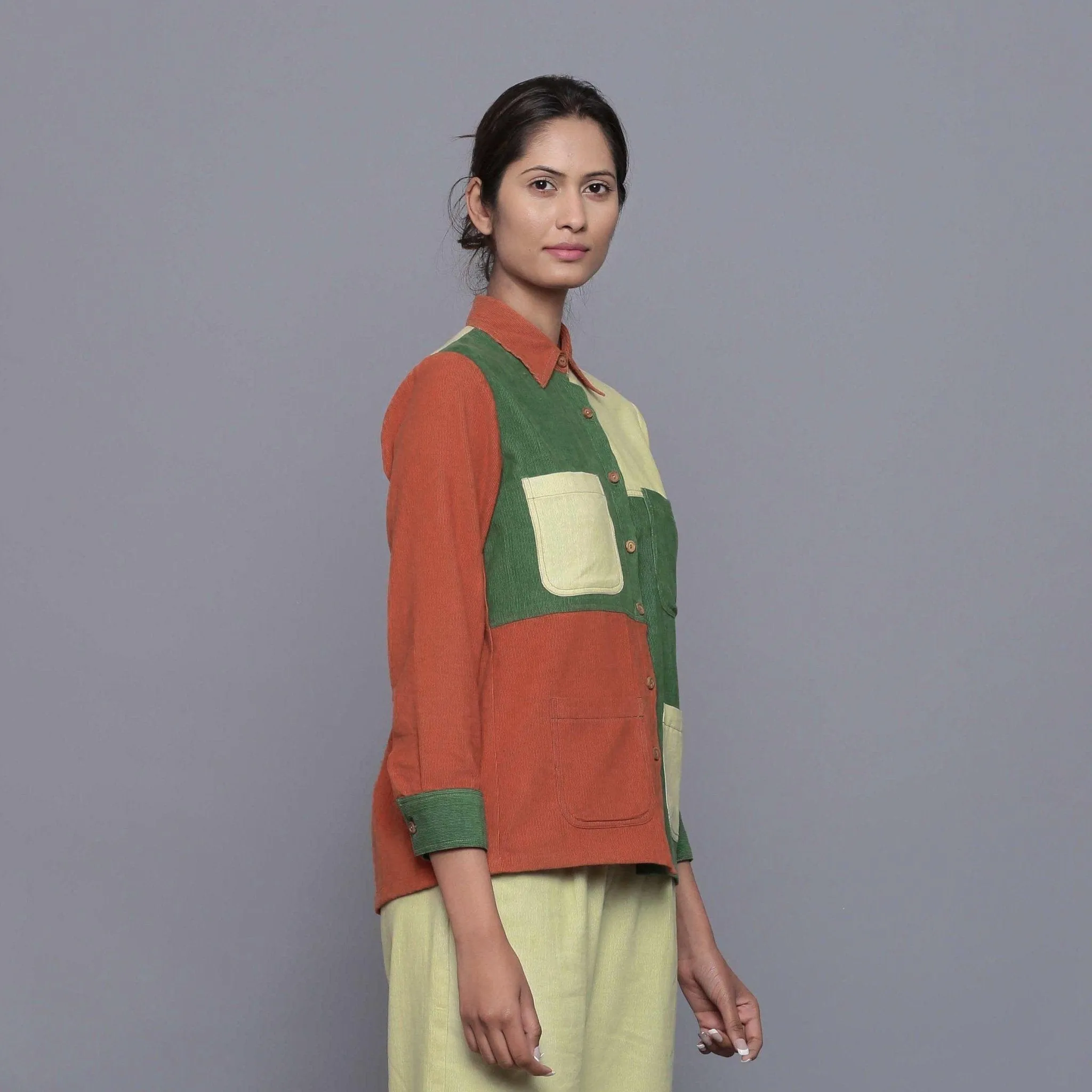 Color-Blocked Warm Cotton Corduroy Paneled Shirt
