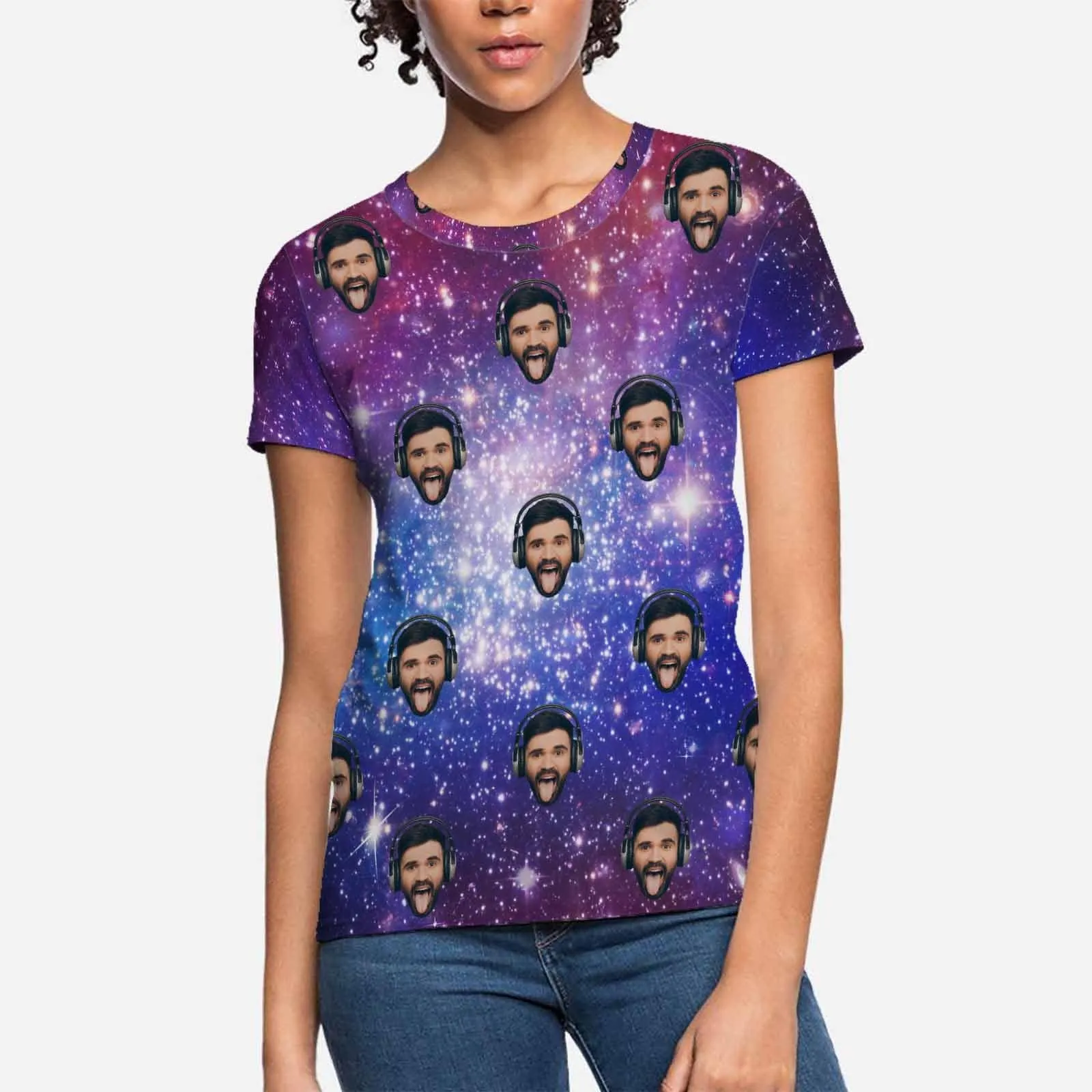 Custom Boyfriend Face Tee Galaxy Starry Night Shirts Personalized Women's All Over Print T-shirt