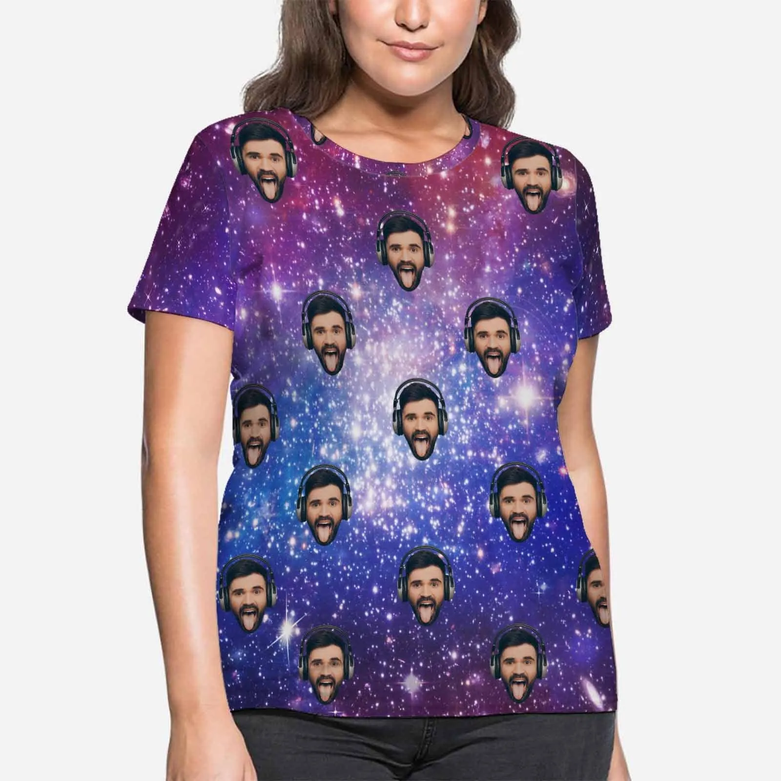Custom Boyfriend Face Tee Galaxy Starry Night Shirts Personalized Women's All Over Print T-shirt