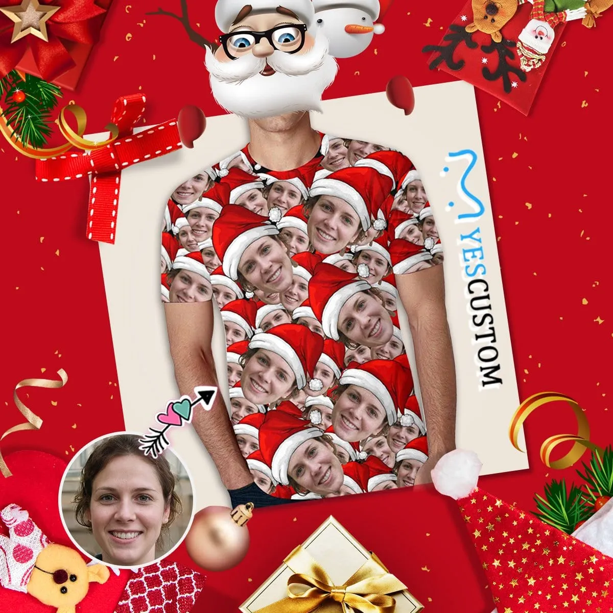 Custom Face Christmas Shirts Seamless Head Men's All Over Print T-shirt Design Face Tee for Boyfriend