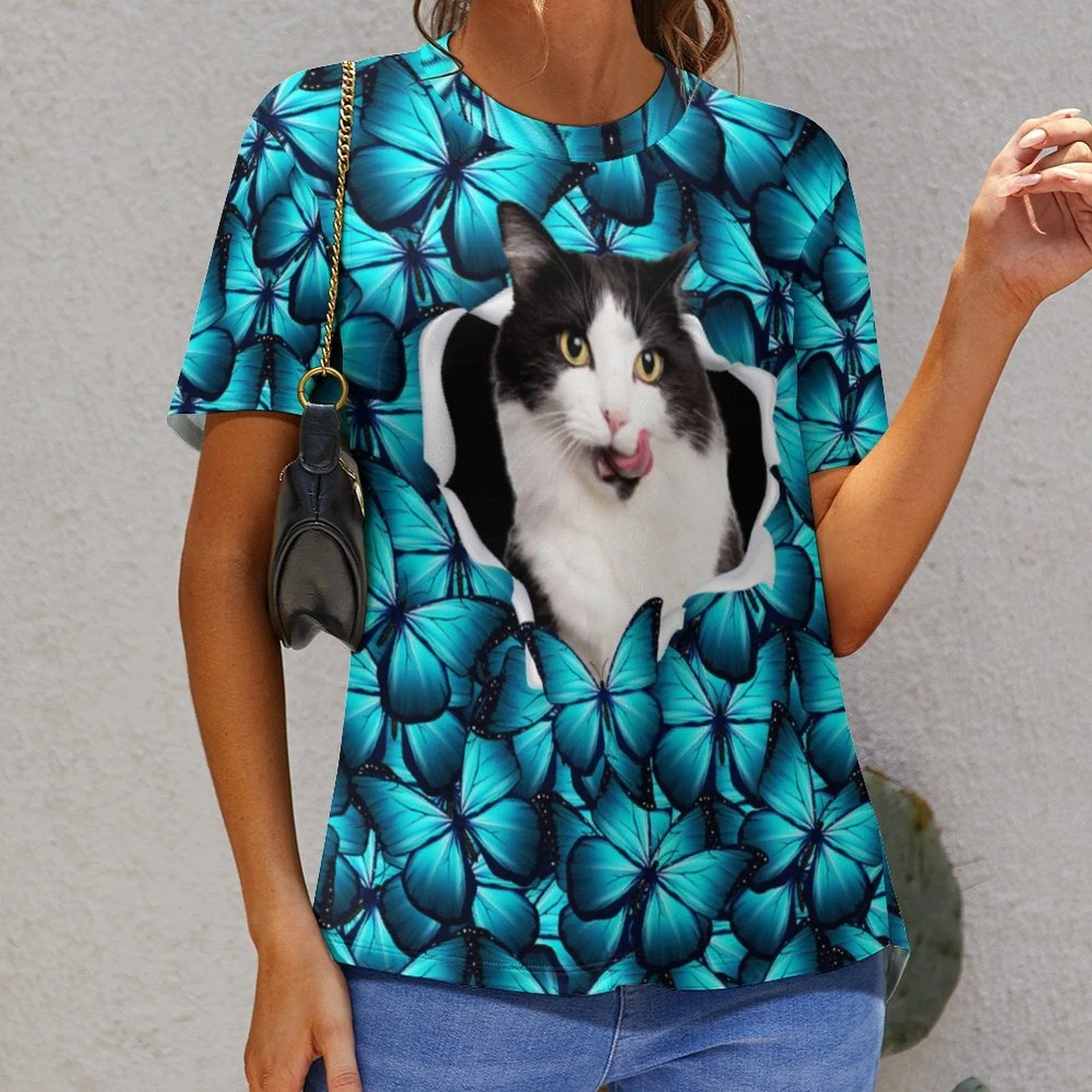Custom Pet Cat Photo Butterfly Classic Women's T-shirt Personalized Women's All Over Print T-shirt