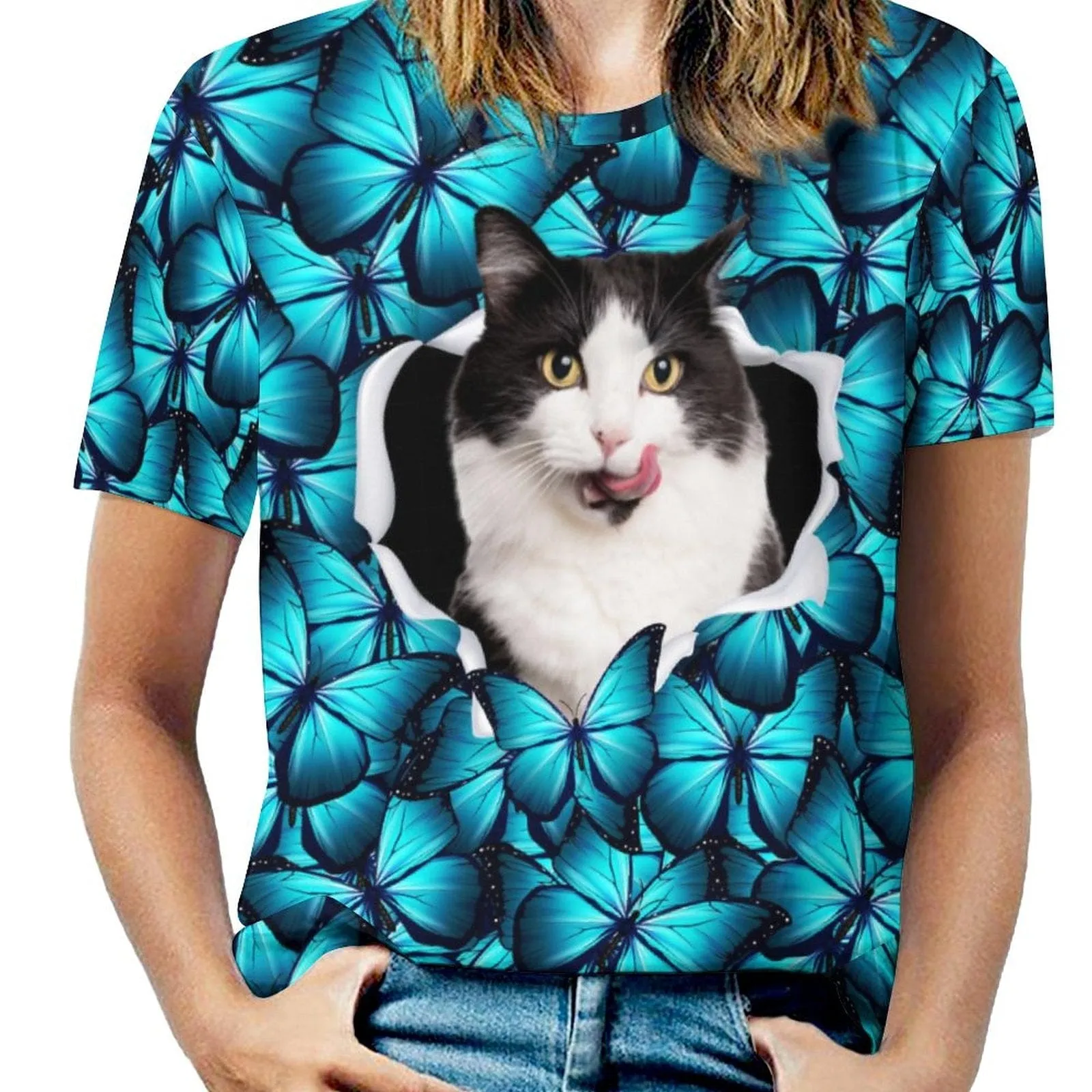 Custom Pet Cat Photo Butterfly Classic Women's T-shirt Personalized Women's All Over Print T-shirt