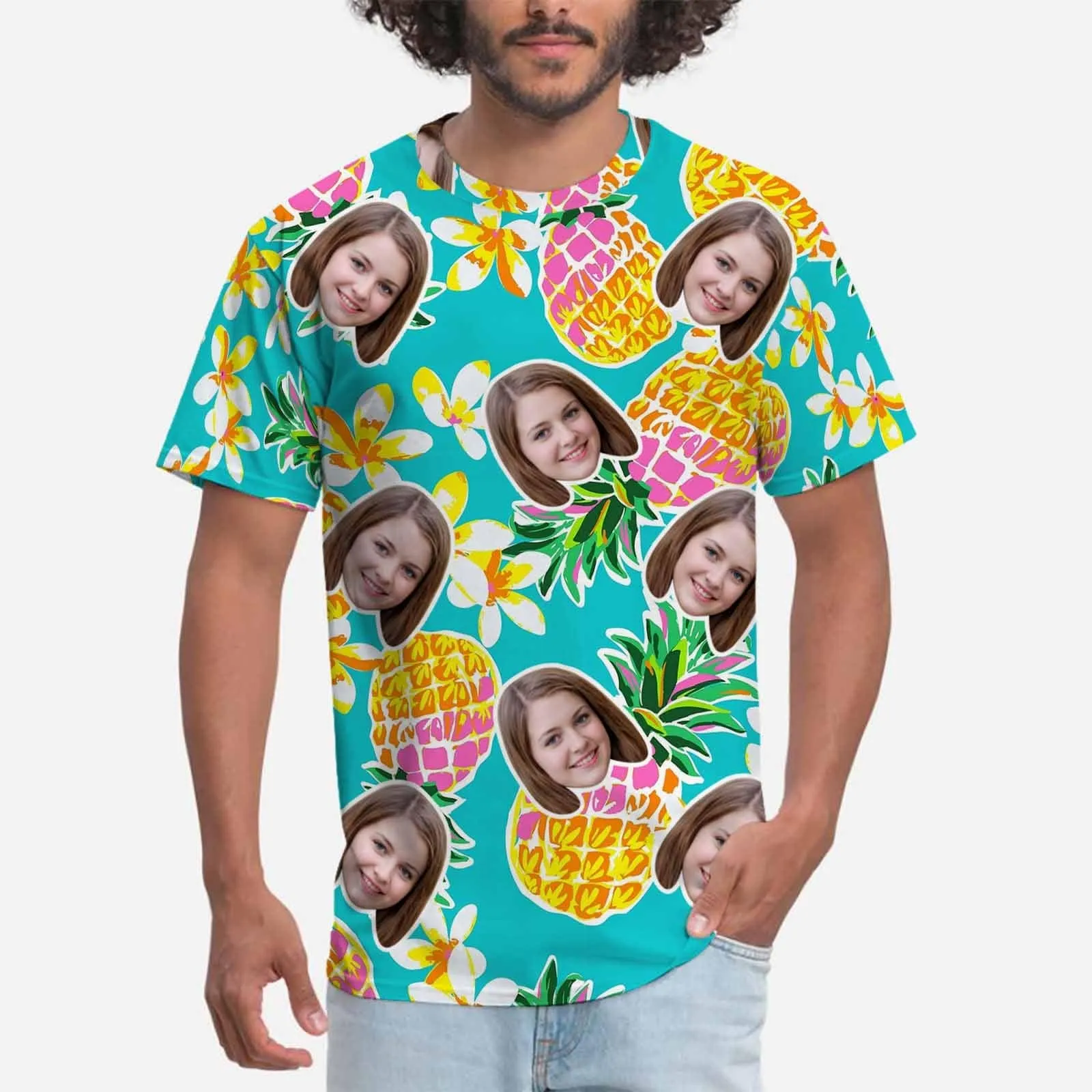Custom Shirt with Face Pineapple Hawaiian Men's All Over Print T-shirts with photo for Him