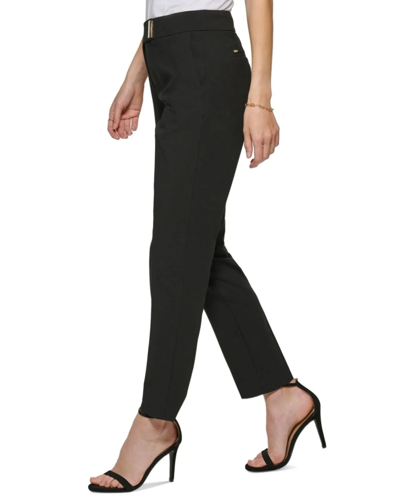 DKNY Women's Mid-Rise Extended-Tab Straight-Leg Pants UD2P7975 Black 12
