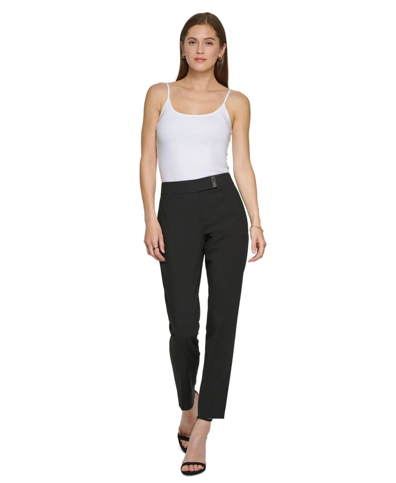 DKNY Women's Mid-Rise Extended-Tab Straight-Leg Pants UD2P7975 Black 12