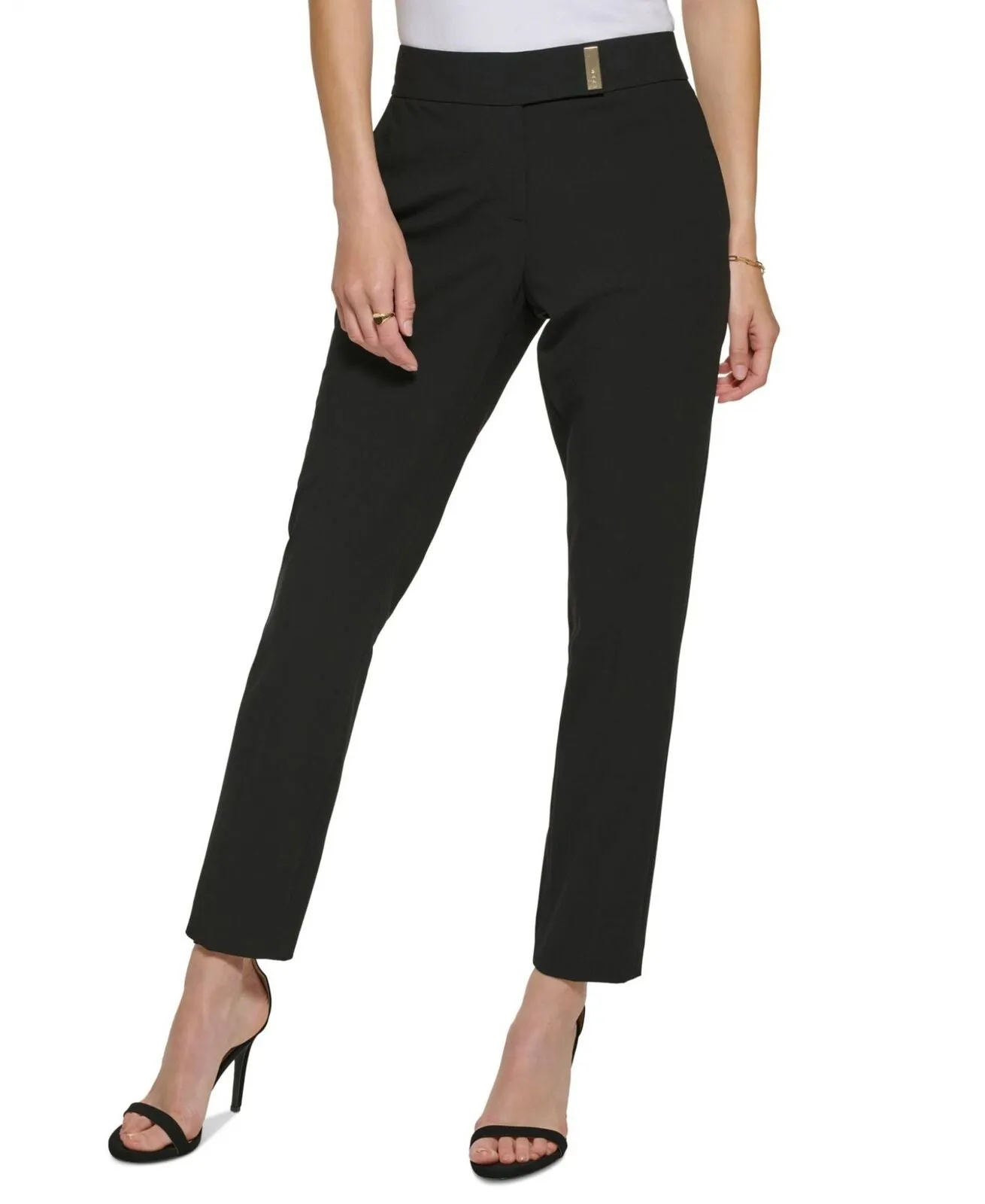 DKNY Women's Mid-Rise Extended-Tab Straight-Leg Pants UD2P7975 Black 12