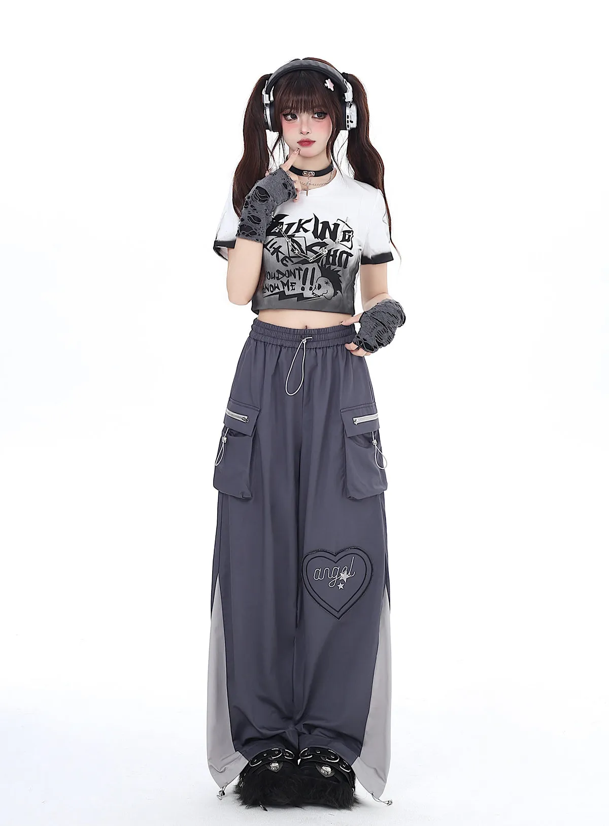 Drawstring Contrast Love Pants Color Cargo