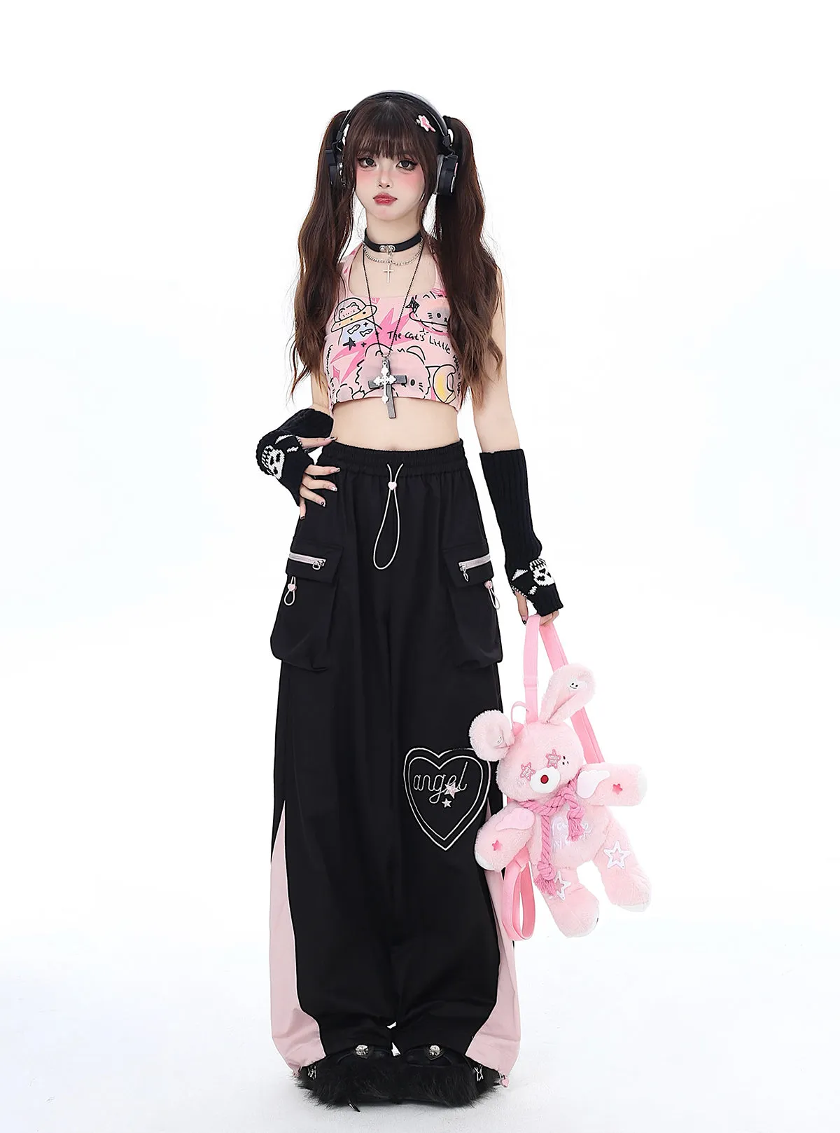 Drawstring Contrast Love Pants Color Cargo