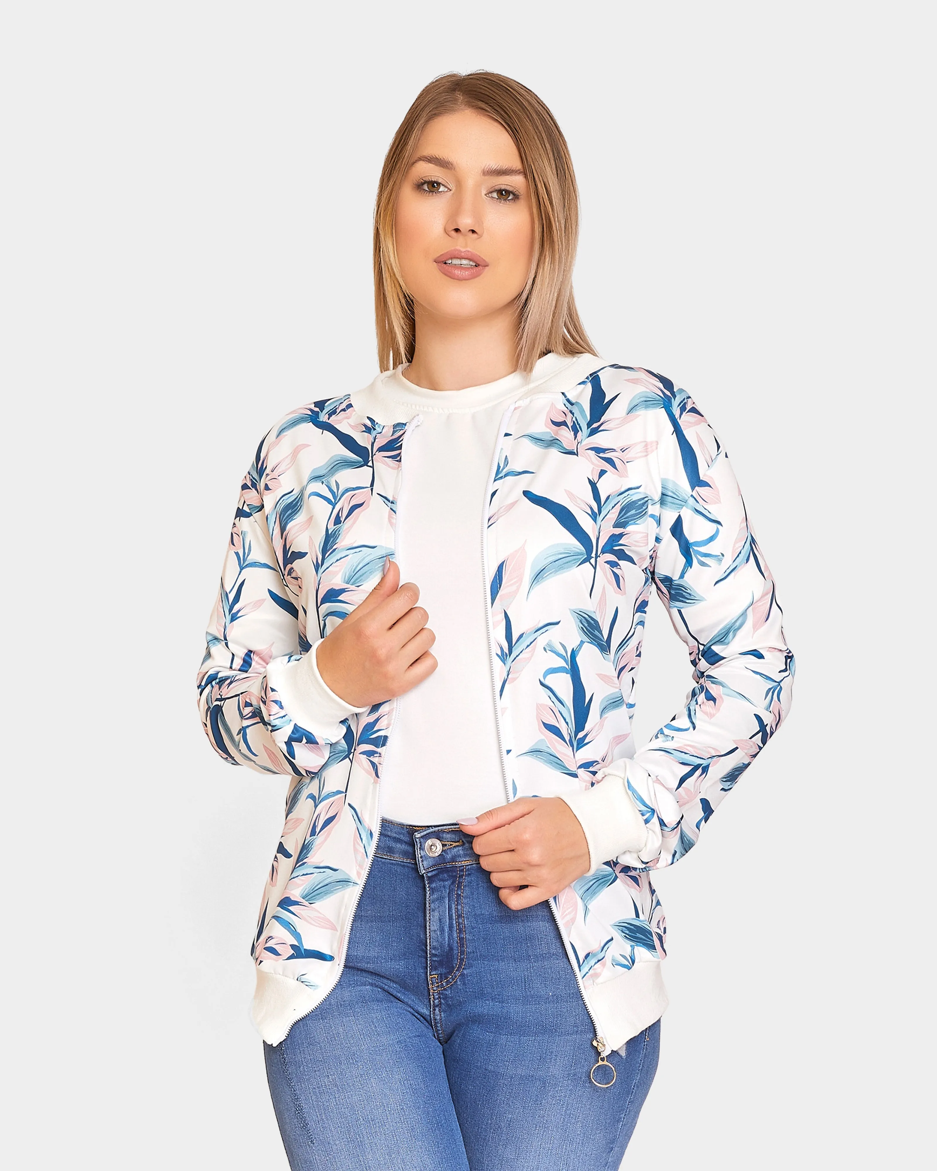 Floral Print White Bomber Jacket