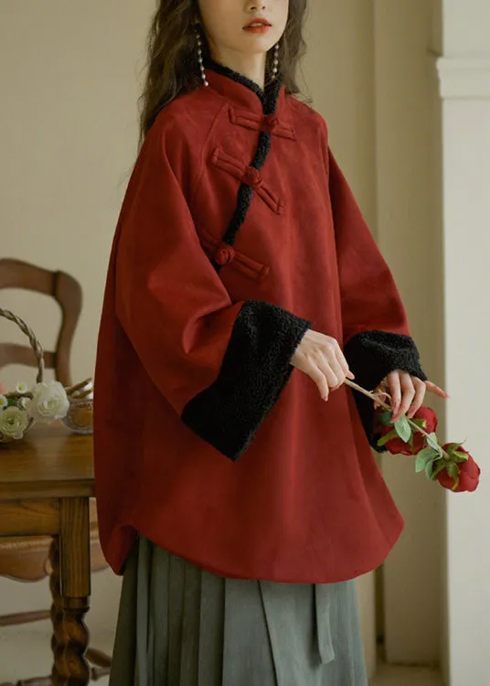 French Red Stand Collar Button Warm Fleece Tops Long Sleeve ML2292
