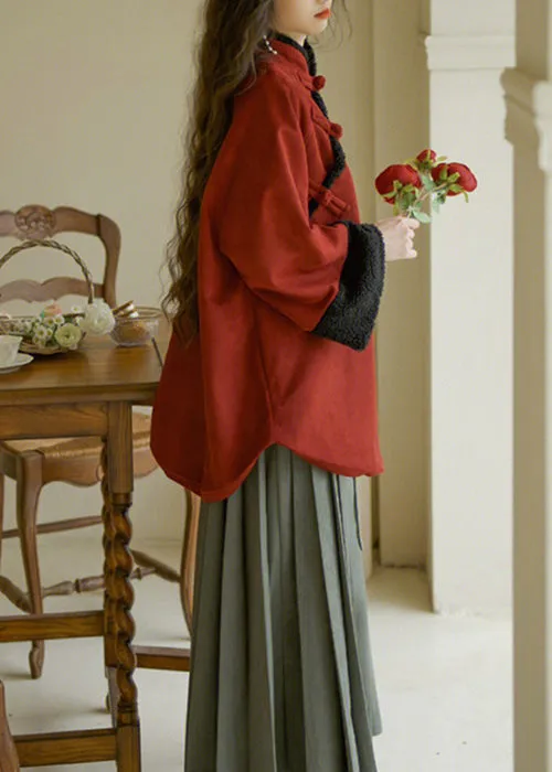 French Red Stand Collar Button Warm Fleece Tops Long Sleeve ML2292