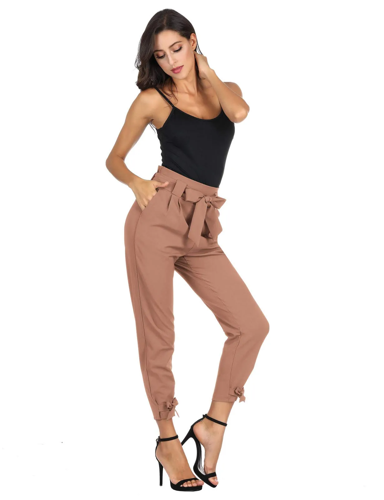 GRACE KARIN Womens Casual High Waist Pencil Pants with Pockets Bow-Knot Cropped Paper Bag Pants for Work Apricot S