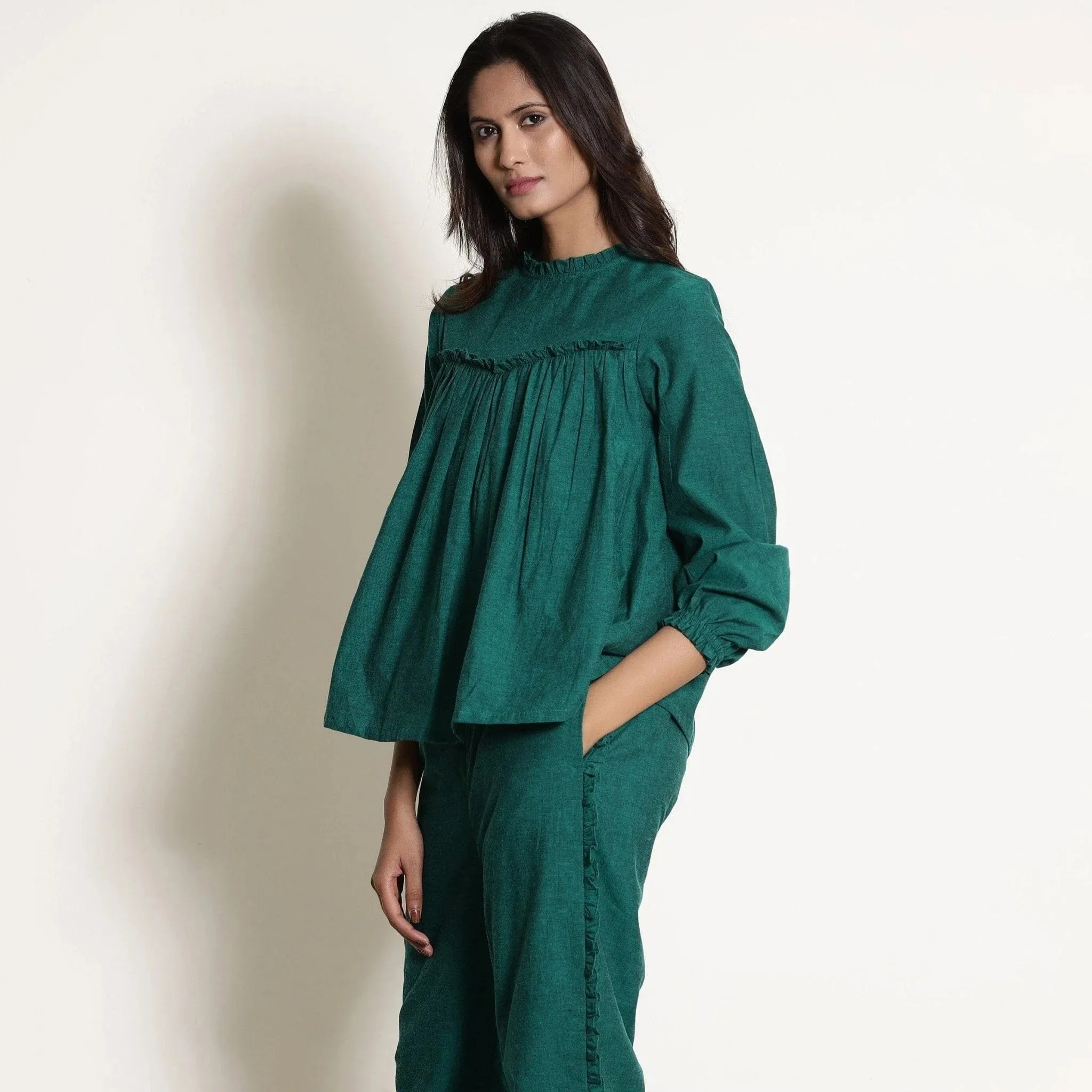 Green Warm Cotton Frilled Gathered Yoke Top