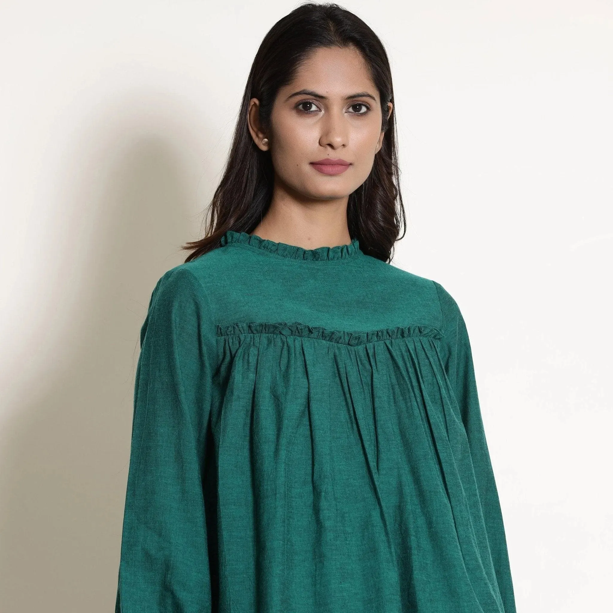 Green Warm Cotton Frilled Gathered Yoke Top