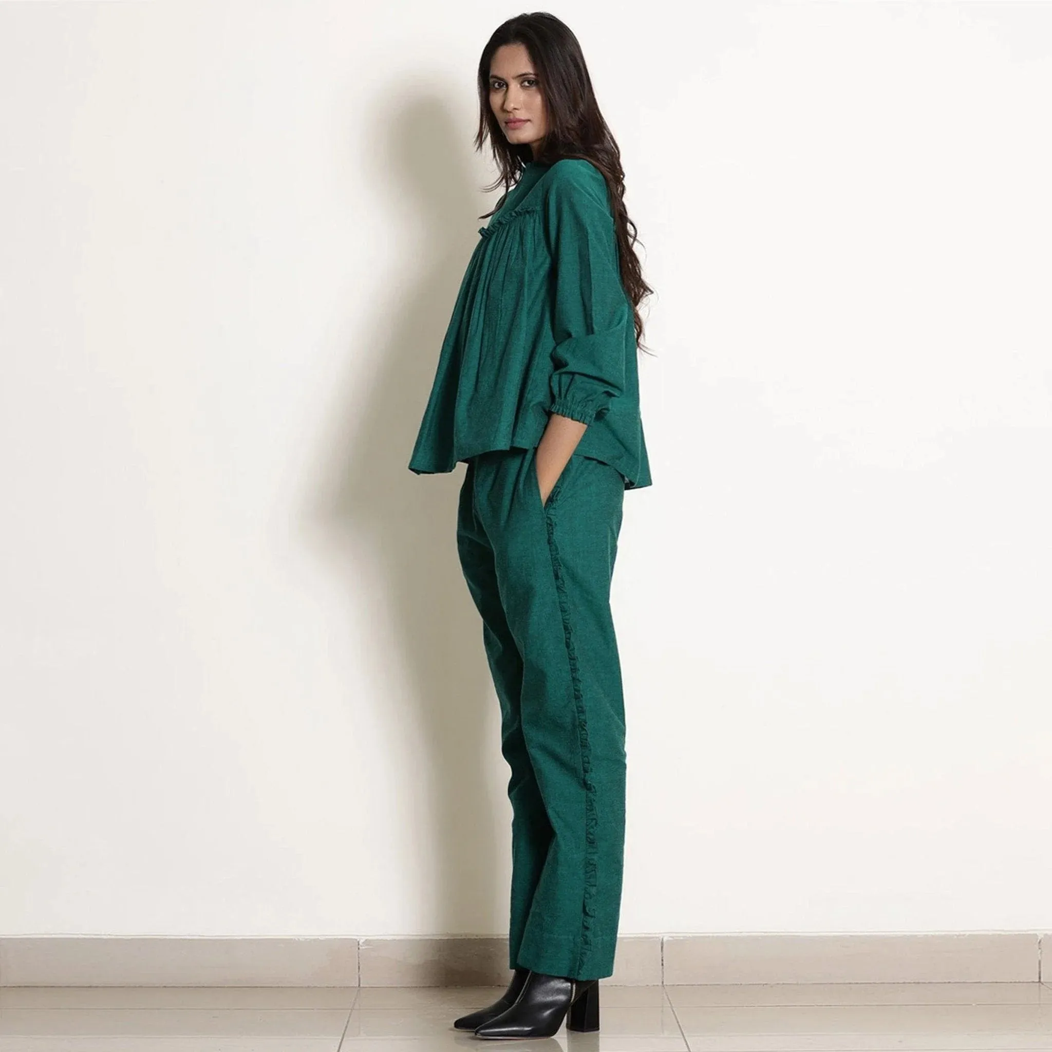 Green Warm Cotton Frilled Gathered Yoke Top