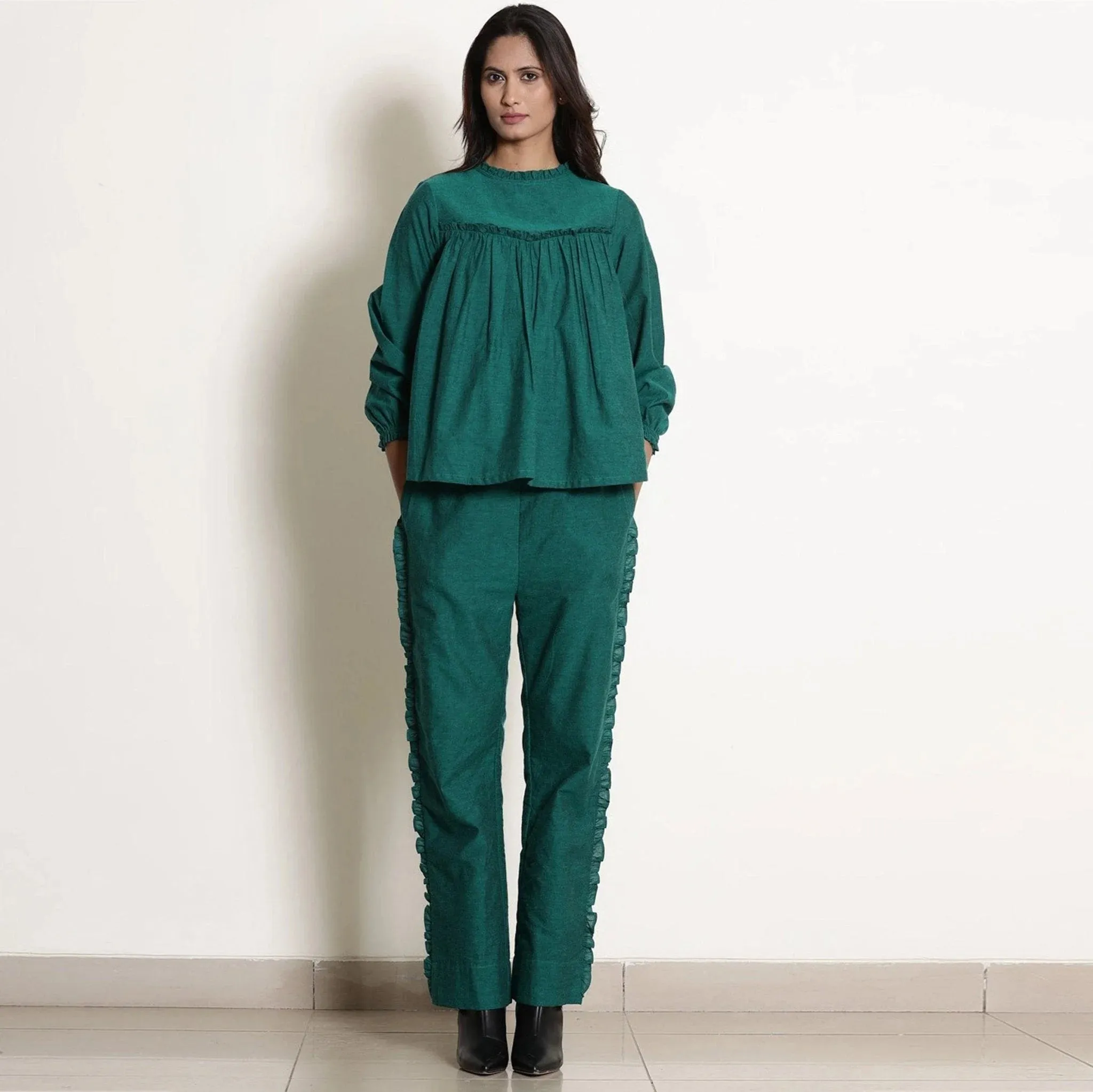 Green Warm Cotton Frilled Gathered Yoke Top