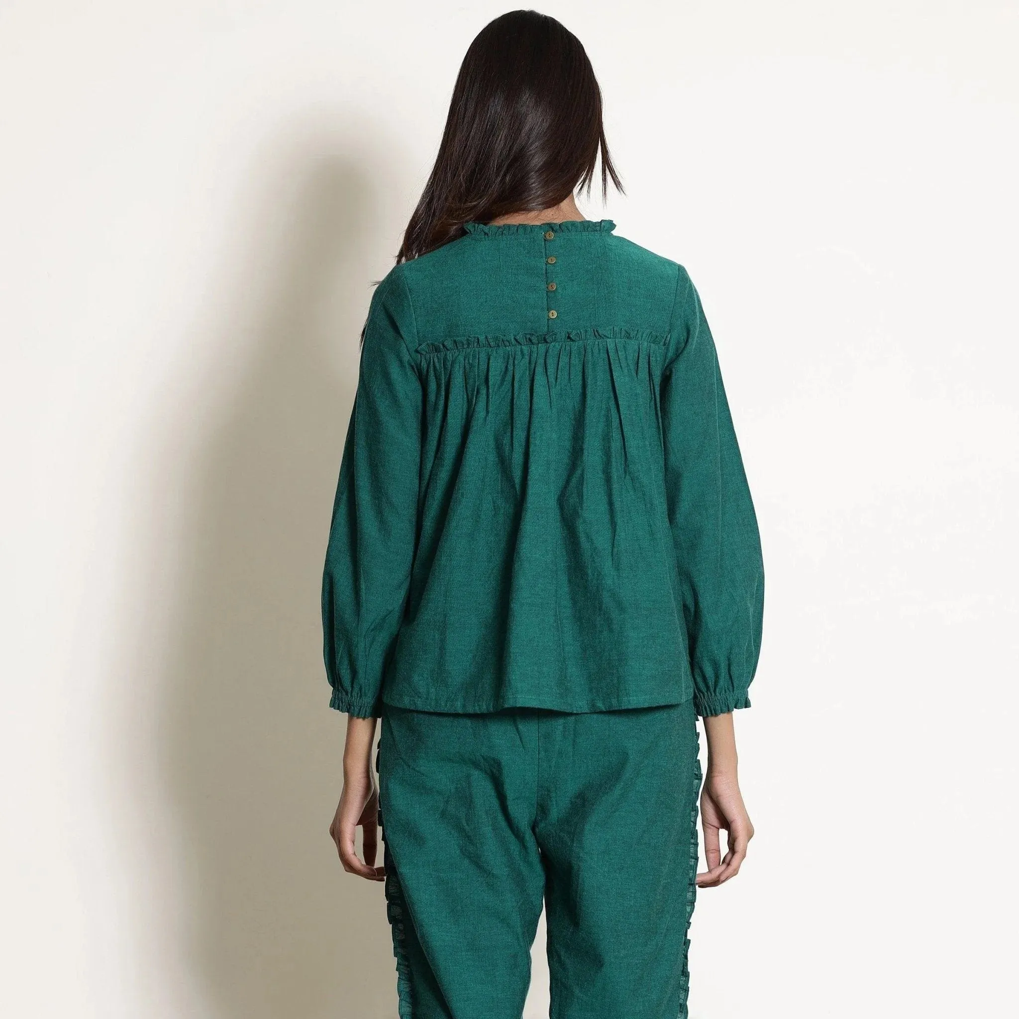 Green Warm Cotton Frilled Gathered Yoke Top