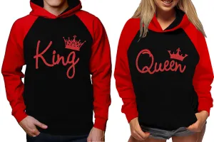 King and Queen Couples Raglan Hoodies in Red & Black – Stylish Pullover Design | Sold Separately for Men & Women