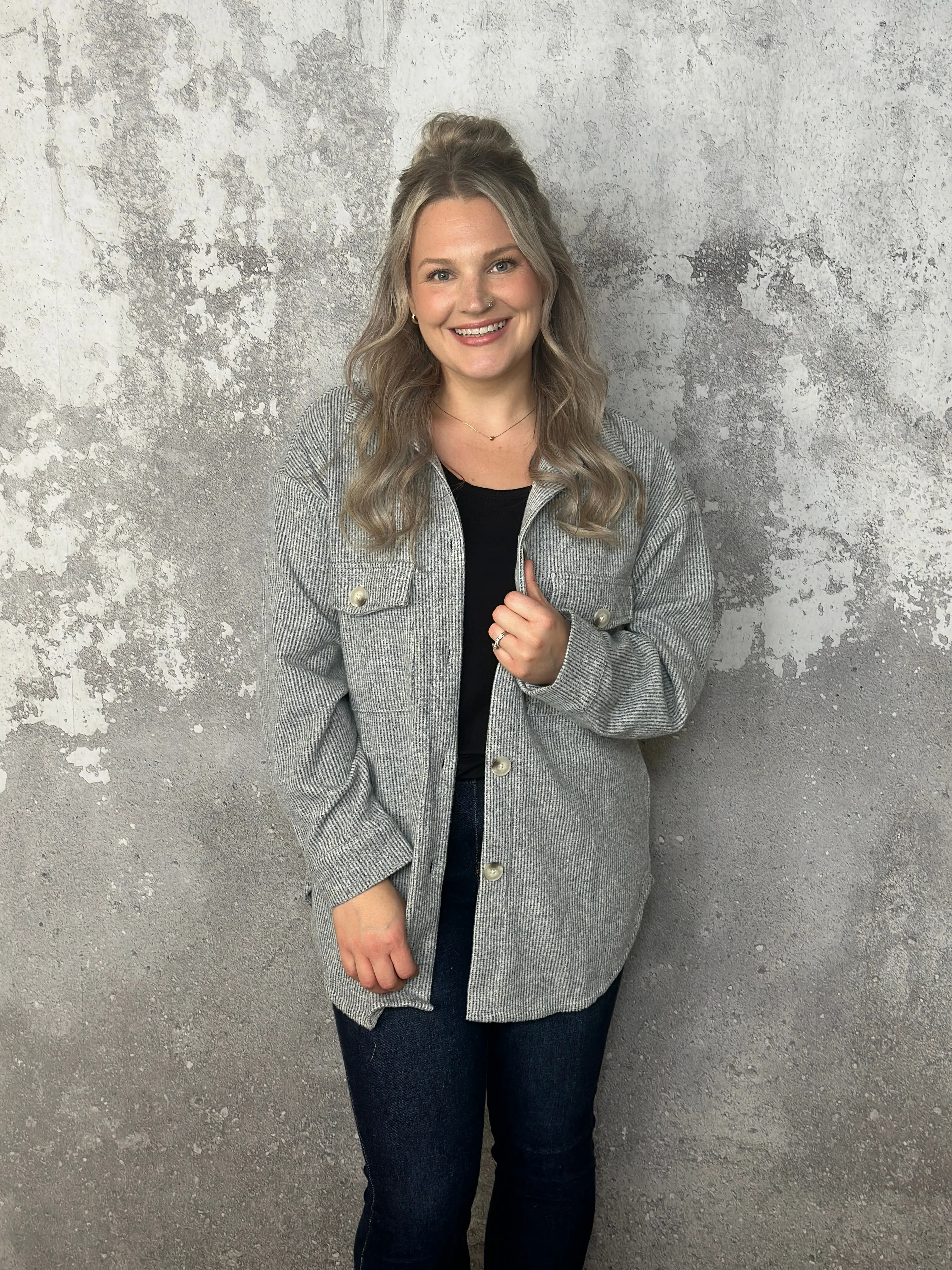 Lightweight Textured Shacket - Heather Grey (Small - 3X)