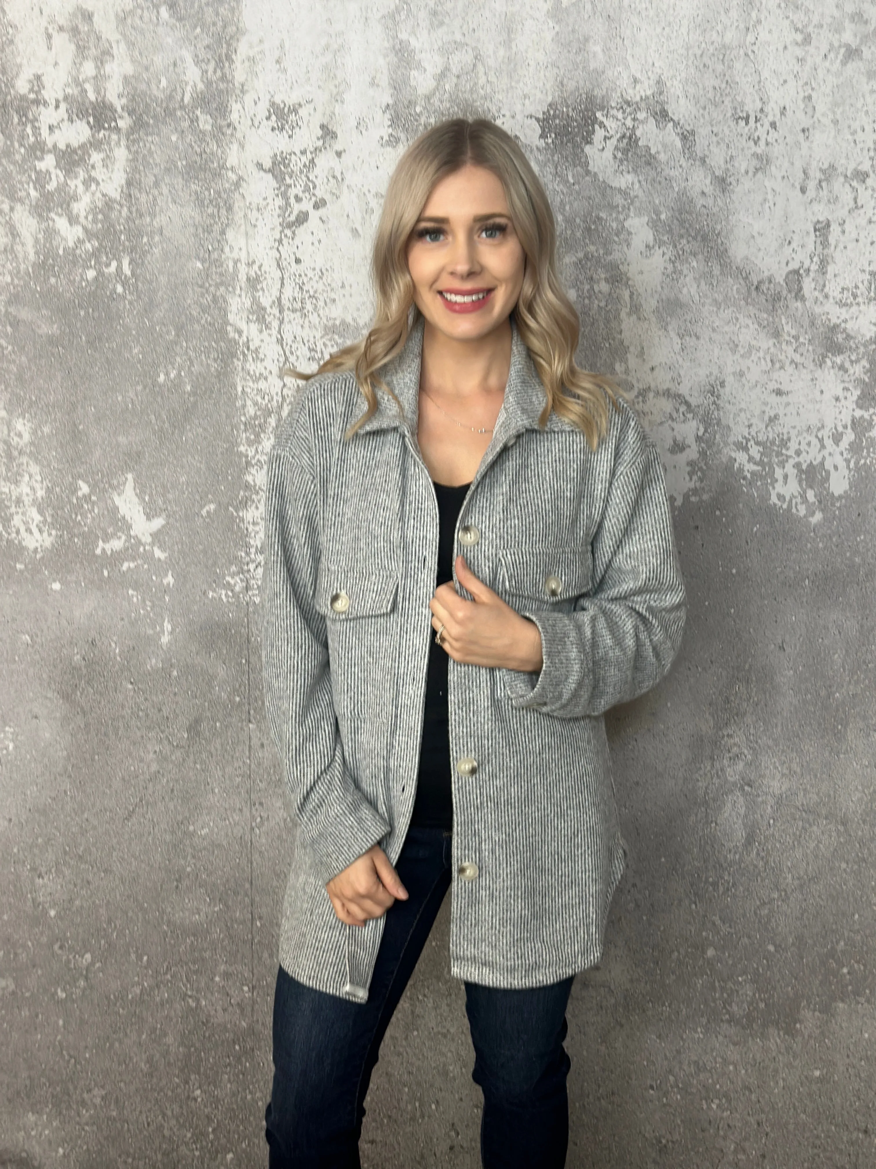 Lightweight Textured Shacket - Heather Grey (Small - 3X)