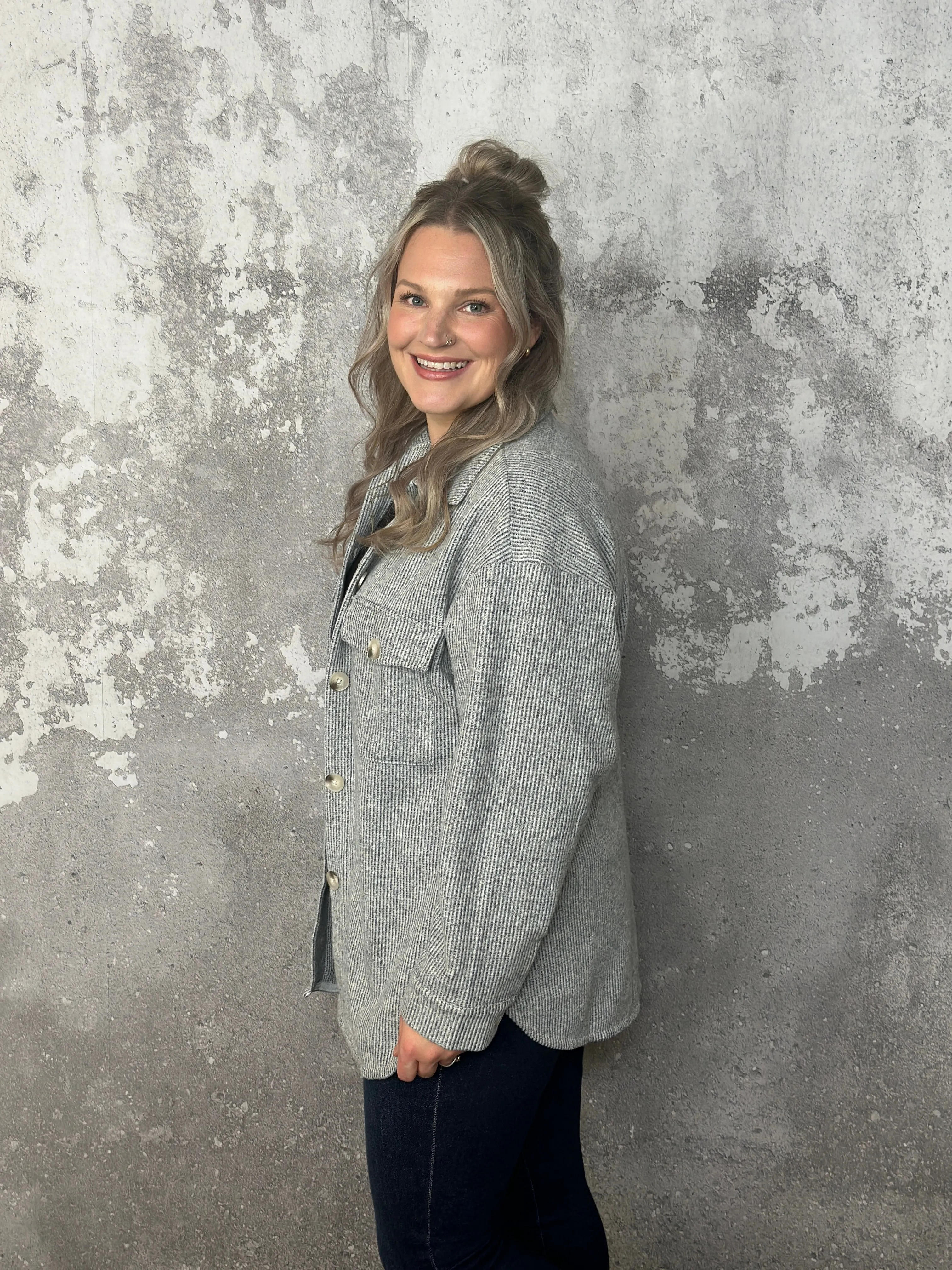 Lightweight Textured Shacket - Heather Grey (Small - 3X)
