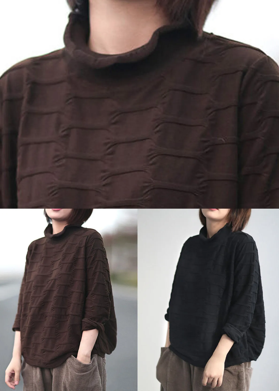 New Coffee Turtleneck Patchwork Warm Fleece Shirt Tops Fall ML1805