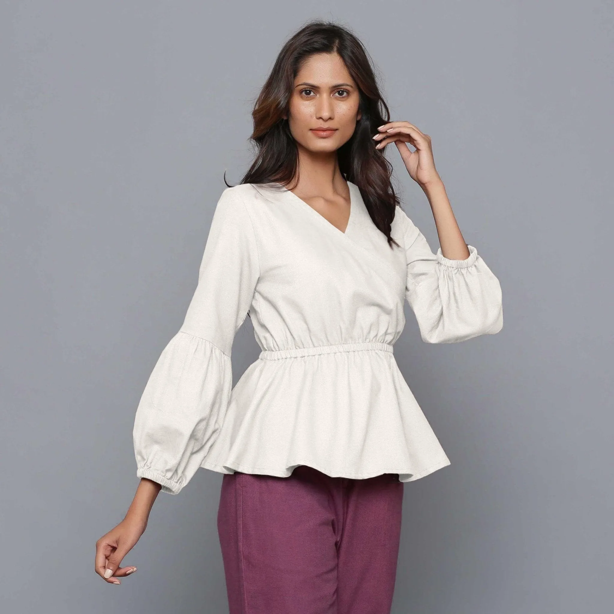 Off-White Warm Cotton Flannel Elasticated Peplum Top