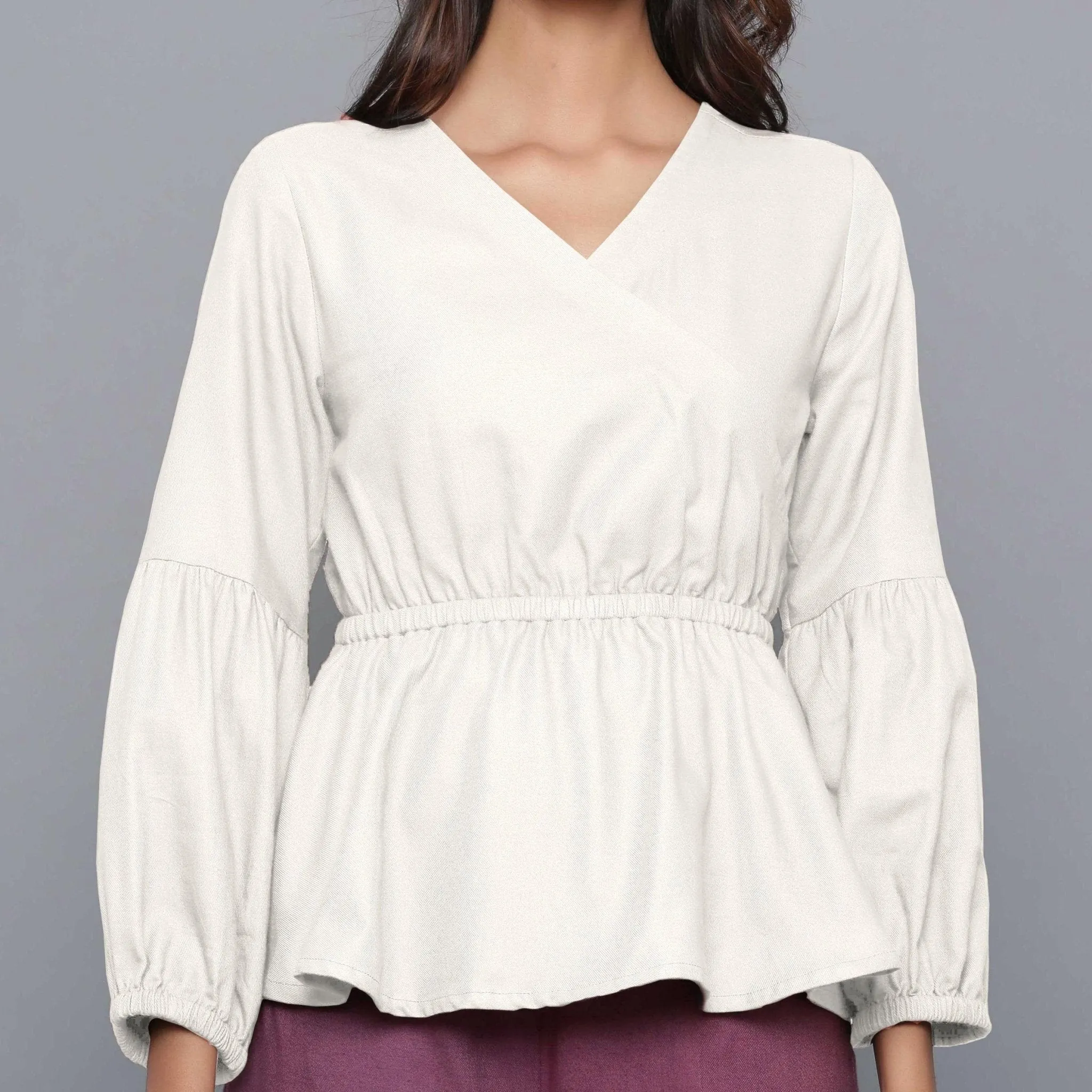 Off-White Warm Cotton Flannel Elasticated Peplum Top