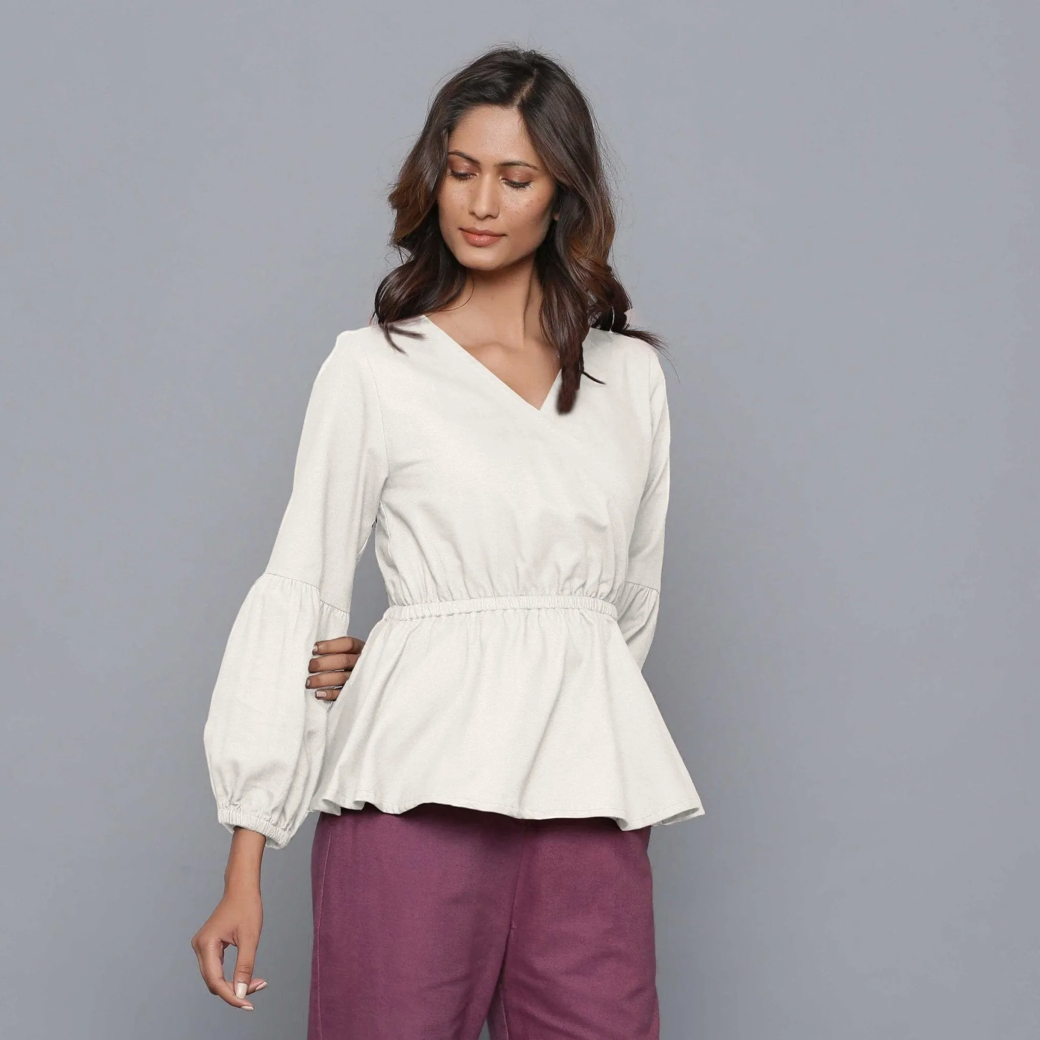 Off-White Warm Cotton Flannel Elasticated Peplum Top