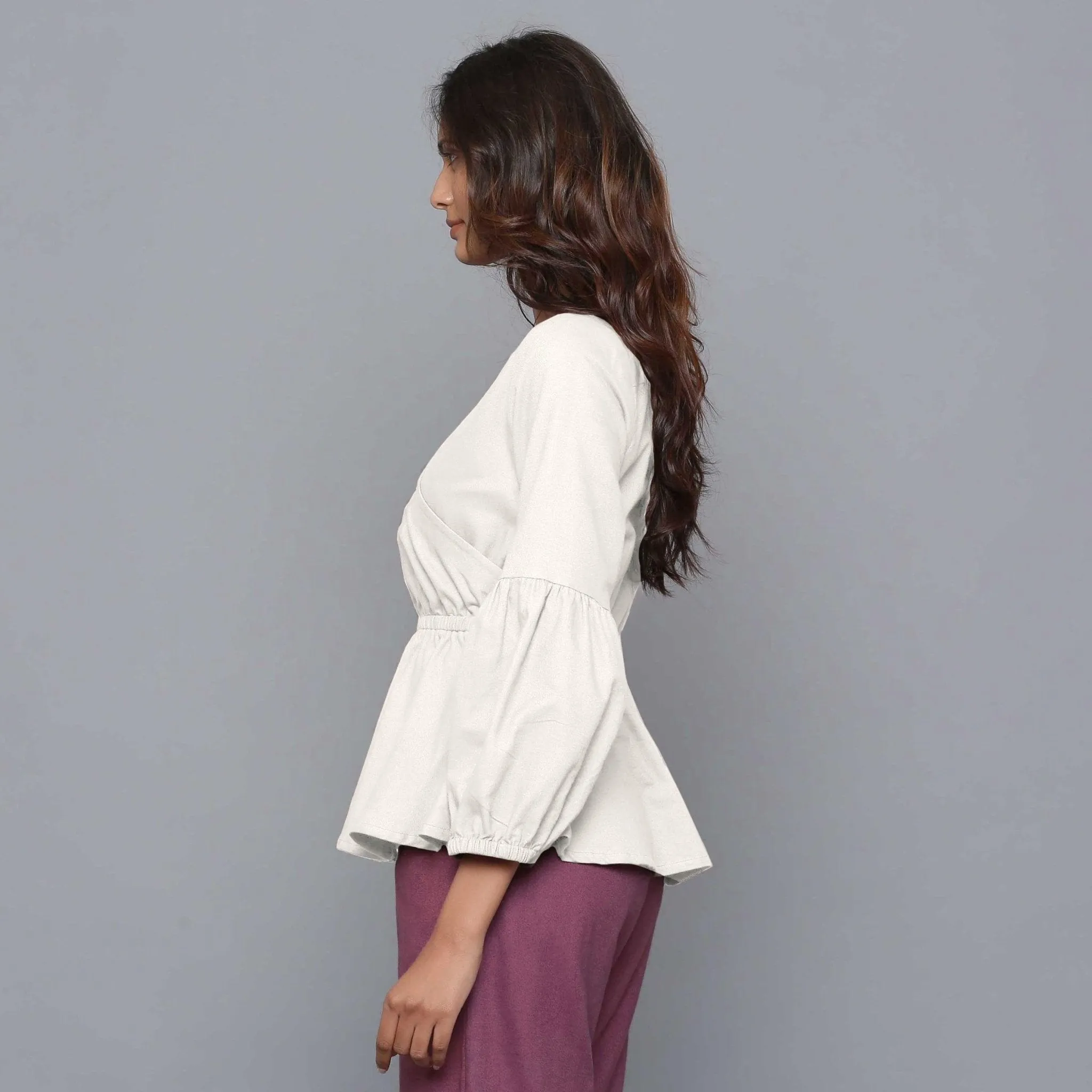 Off-White Warm Cotton Flannel Elasticated Peplum Top