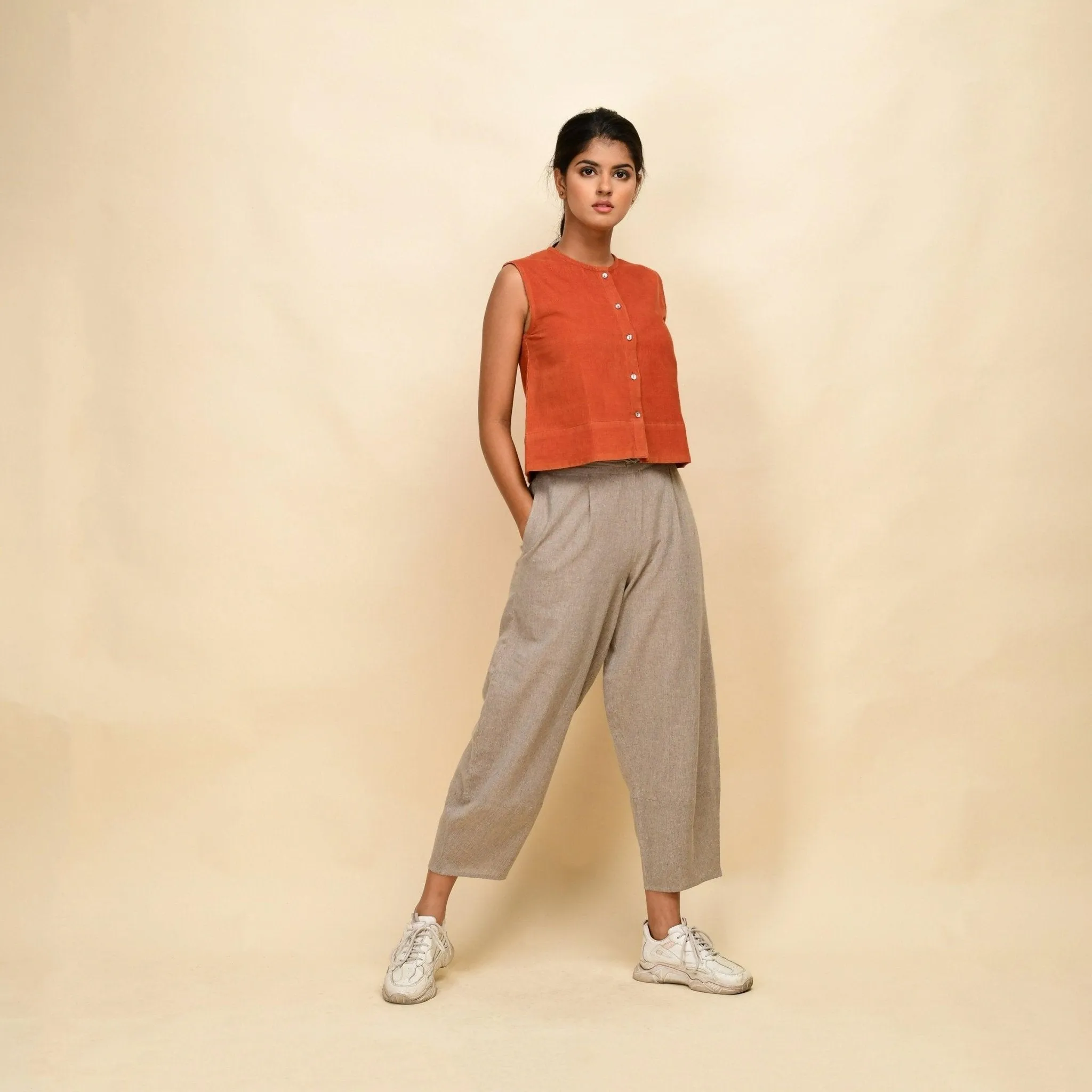 Sunset Rust Warm Cotton Corduroy Button-Down Short Top