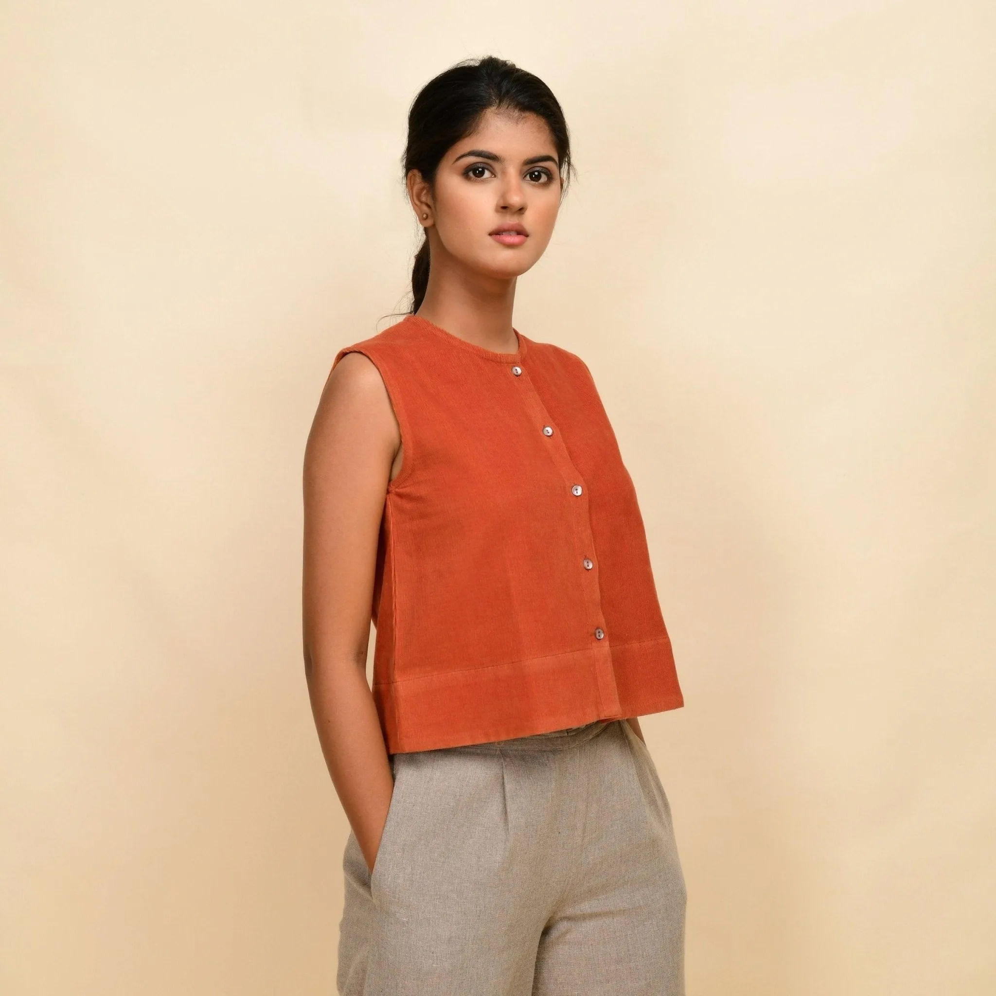 Sunset Rust Warm Cotton Corduroy Button-Down Short Top