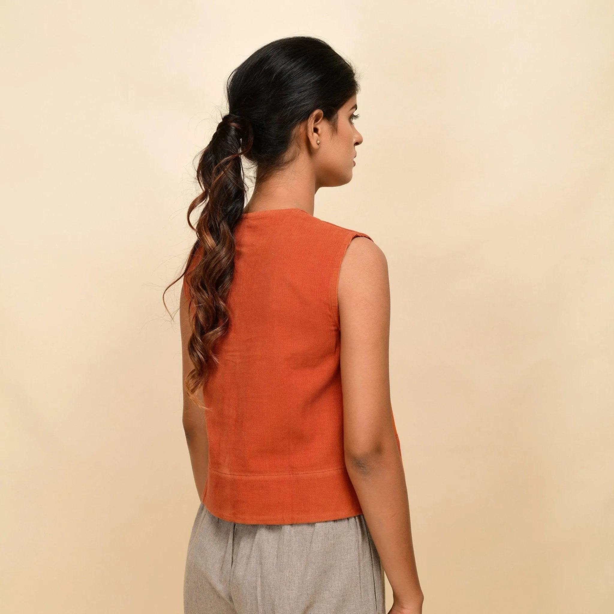 Sunset Rust Warm Cotton Corduroy Button-Down Short Top