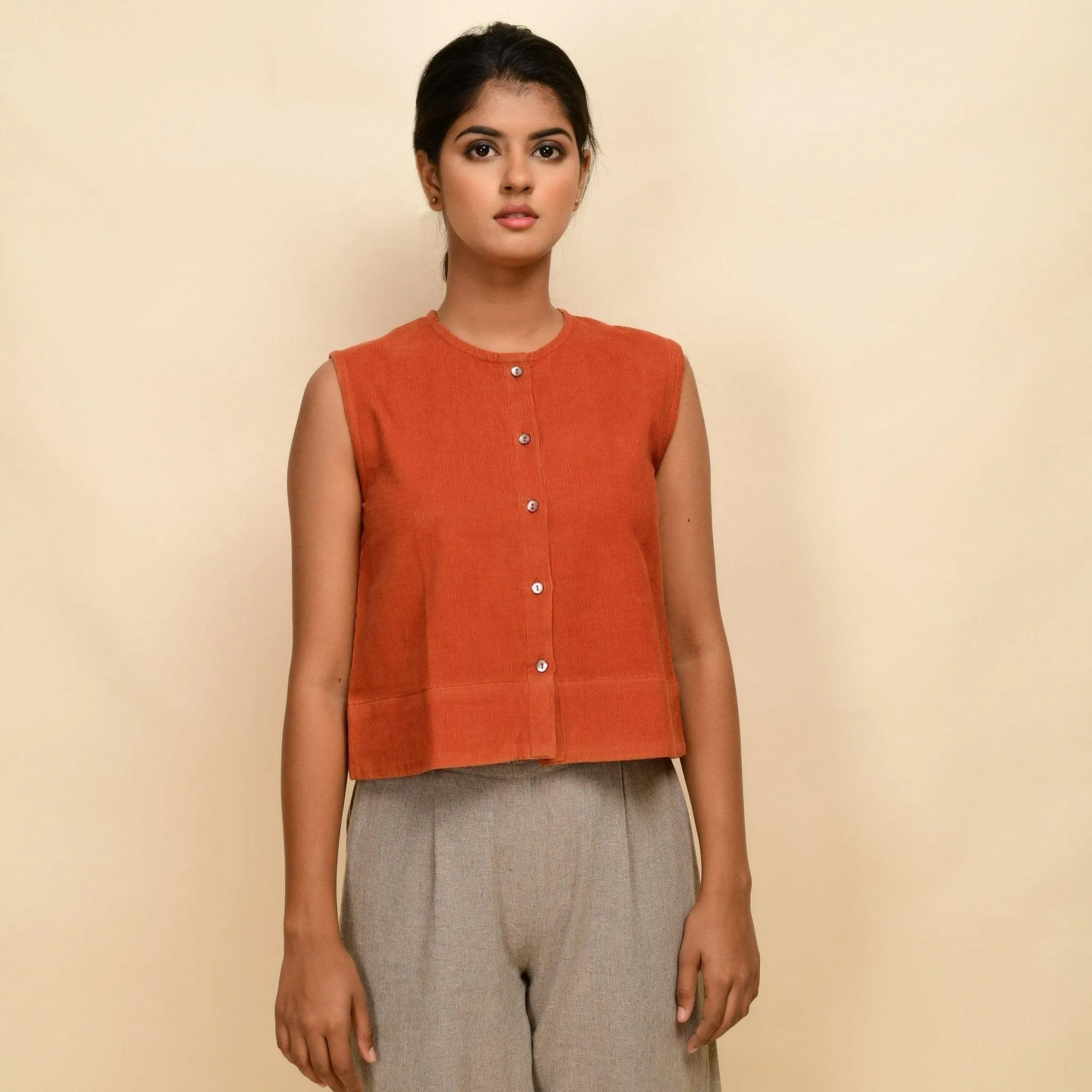 Sunset Rust Warm Cotton Corduroy Button-Down Short Top
