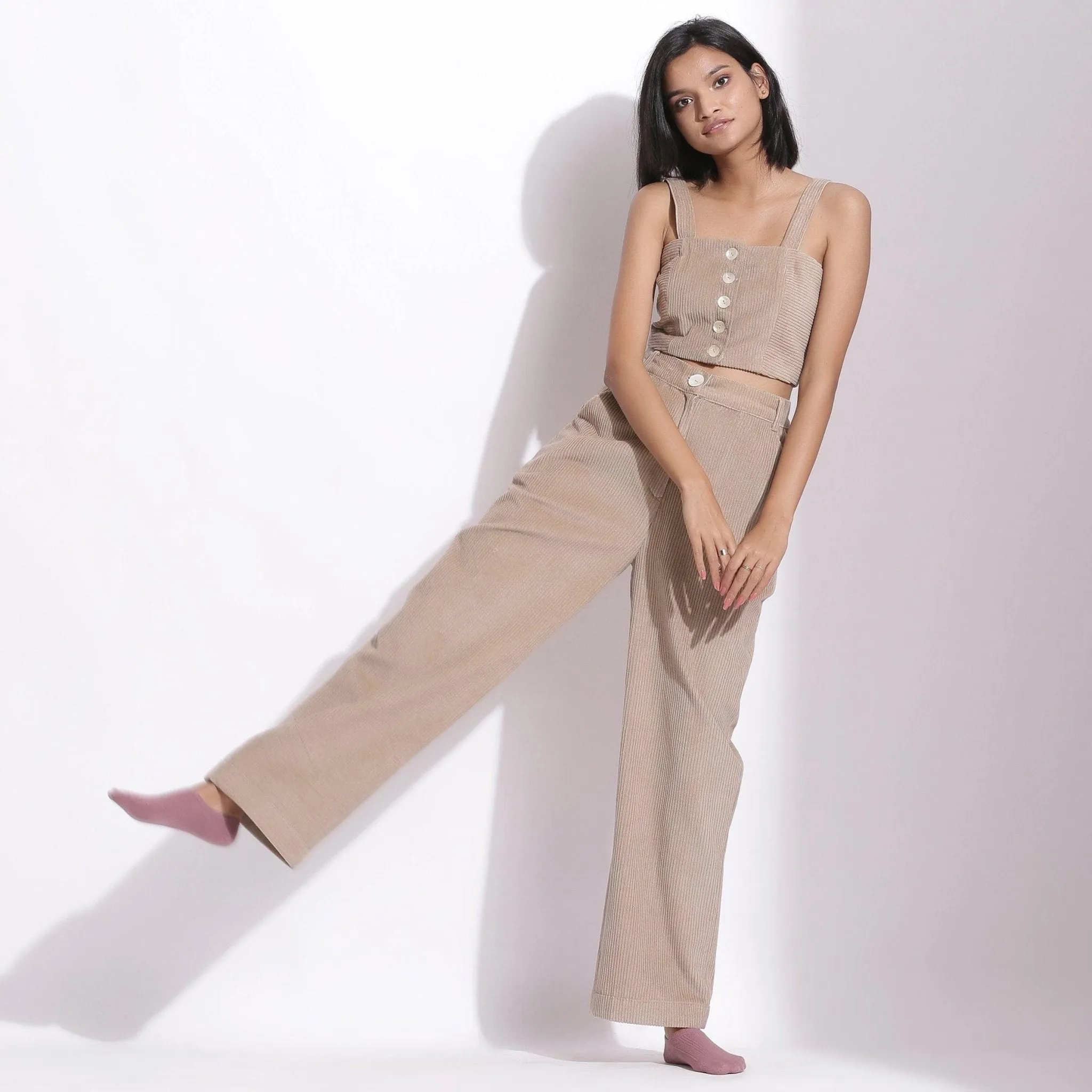 Taupe Beige Warm Cotton Corduroy Crop Top