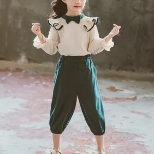 Trendy Ruffled Top with Bowknot and Pants Set