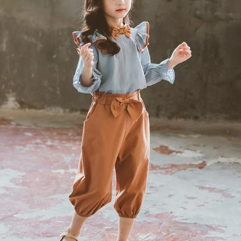 Trendy Ruffled Top with Bowknot and Pants Set