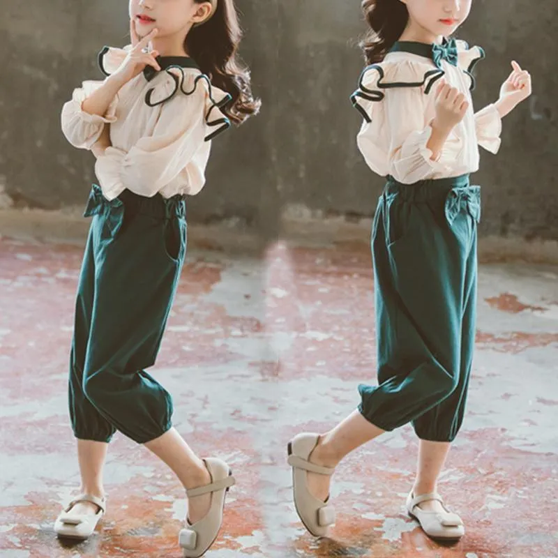 Trendy Ruffled Top with Bowknot and Pants Set