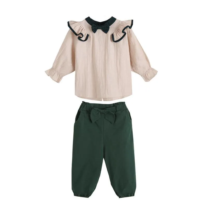 Trendy Ruffled Top with Bowknot and Pants Set