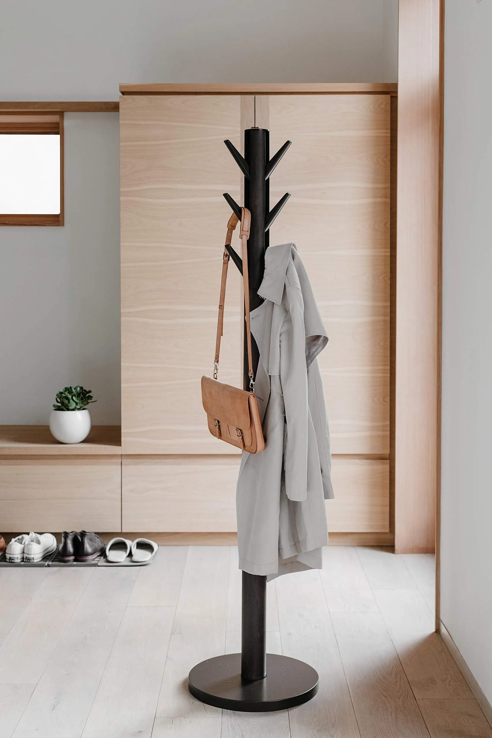 Umbra Flapper Coat Rack, Clothing Hanger, Umbrella Holder, and Hat Organizer, Great for Entryway, Black/Walnut
