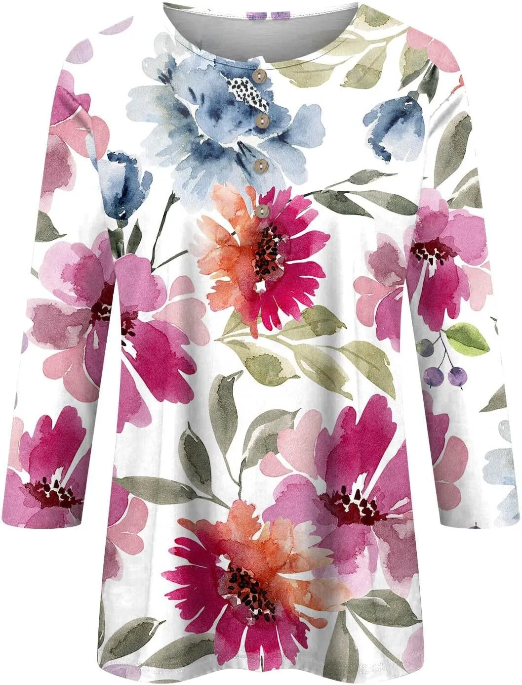 Womens 3/4 Length Sleeve Tops Fashion Casual Button Down Summer Shirts Loose Fit Three Quarter Length Sleeve Blouse