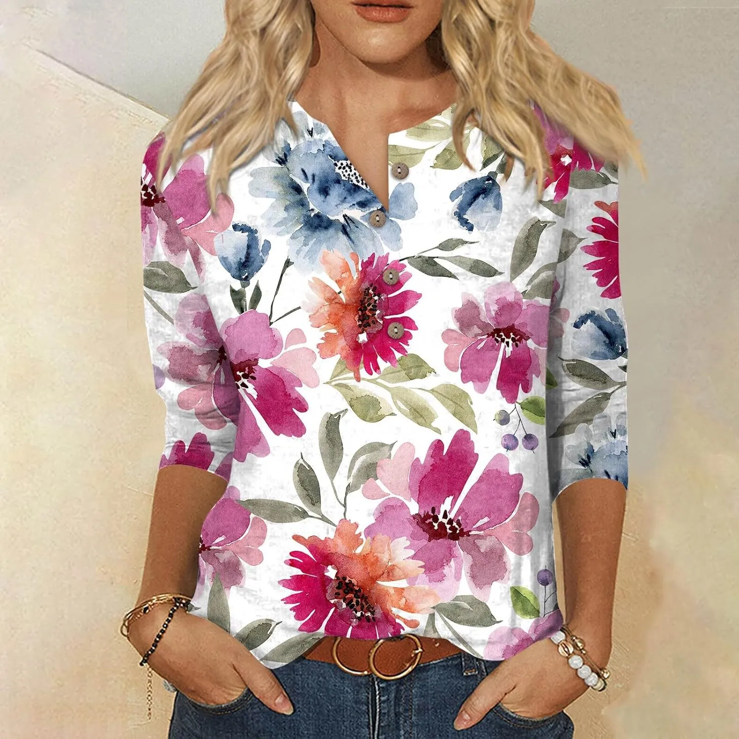 Womens 3/4 Length Sleeve Tops Fashion Casual Button Down Summer Shirts Loose Fit Three Quarter Length Sleeve Blouse