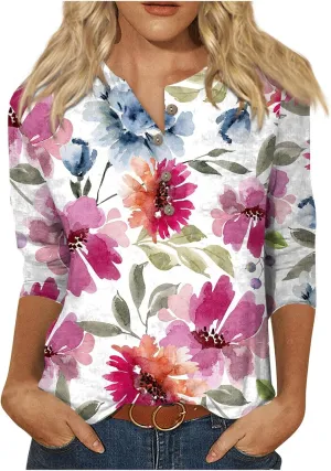 Womens 3/4 Length Sleeve Tops Fashion Casual Button Down Summer Shirts Loose Fit Three Quarter Length Sleeve Blouse